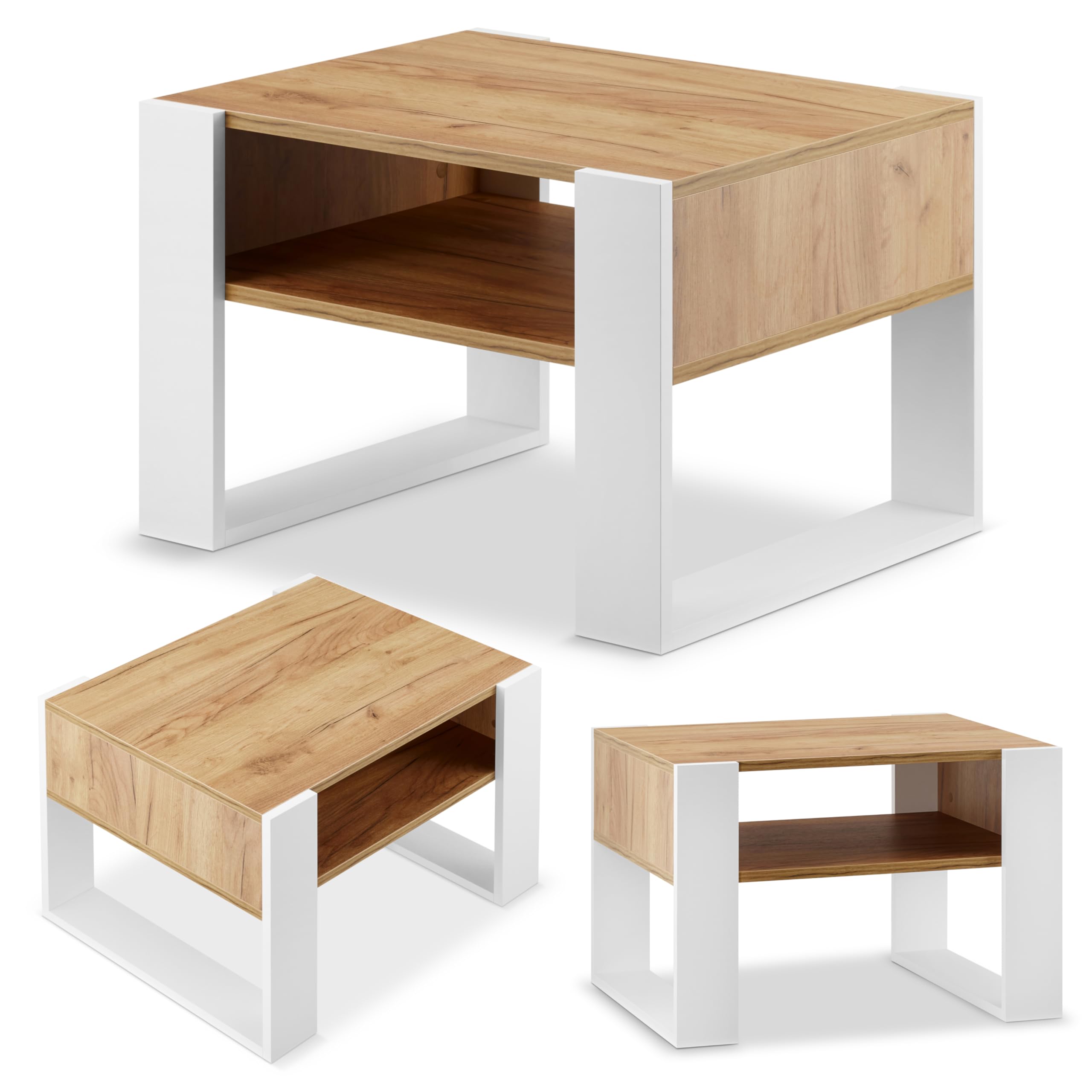 defiPad Mesa de centro moderna, roble, 65 cm de ancho, mesa de café maciza y estable, mesa de sofá, color blanco + roble