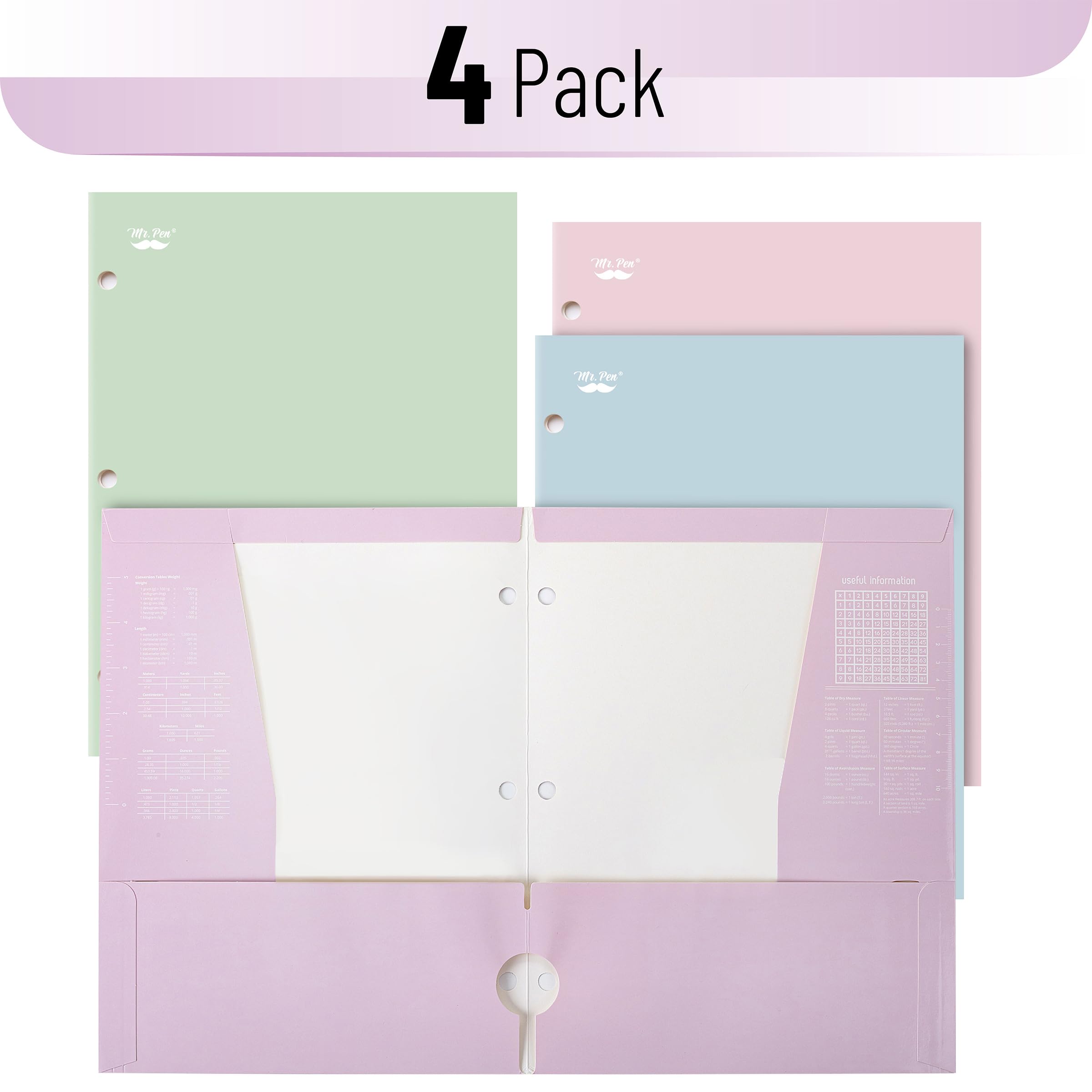 Mr. Pen- Pocket Folders, 4 Pocket, 4 Pack, Pastel Colors, Folders with Pockets 3 Hole Punched, Folder, Binder Folder: Pastel 4 Pack