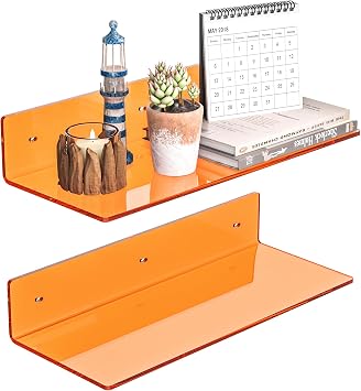 Sezanrpt 15 Inches Orange Acrylic Wall Shelves 2 Pack, L Shape Floating Shelf, Perspex Wall Mounted Shelves for Home Decor, Model Car, Candle, Calendar, Towel, Tissue