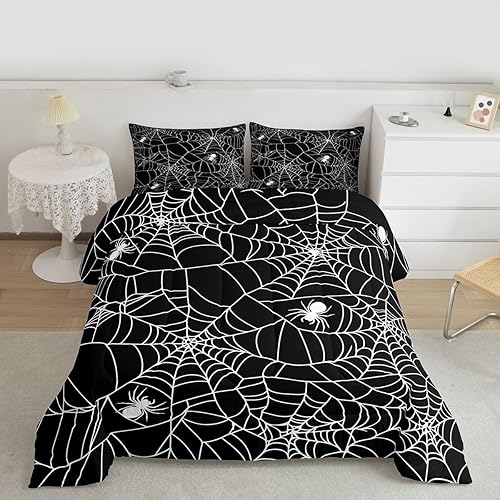 Juego de edredón con estampado de telaraña para niños y niñas, edredón con temática de Halloween, juego de ropa de cama decorativo de araña