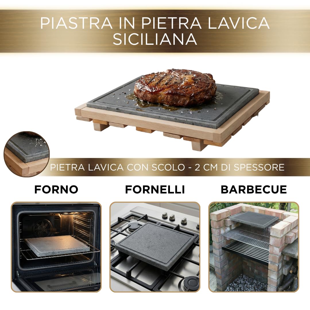 Pietra Lavica Siciliana 38x30x1,5CM, Con Supporto Legno Faggio, Estraibile, Piastra Refrattaria per Cucinare