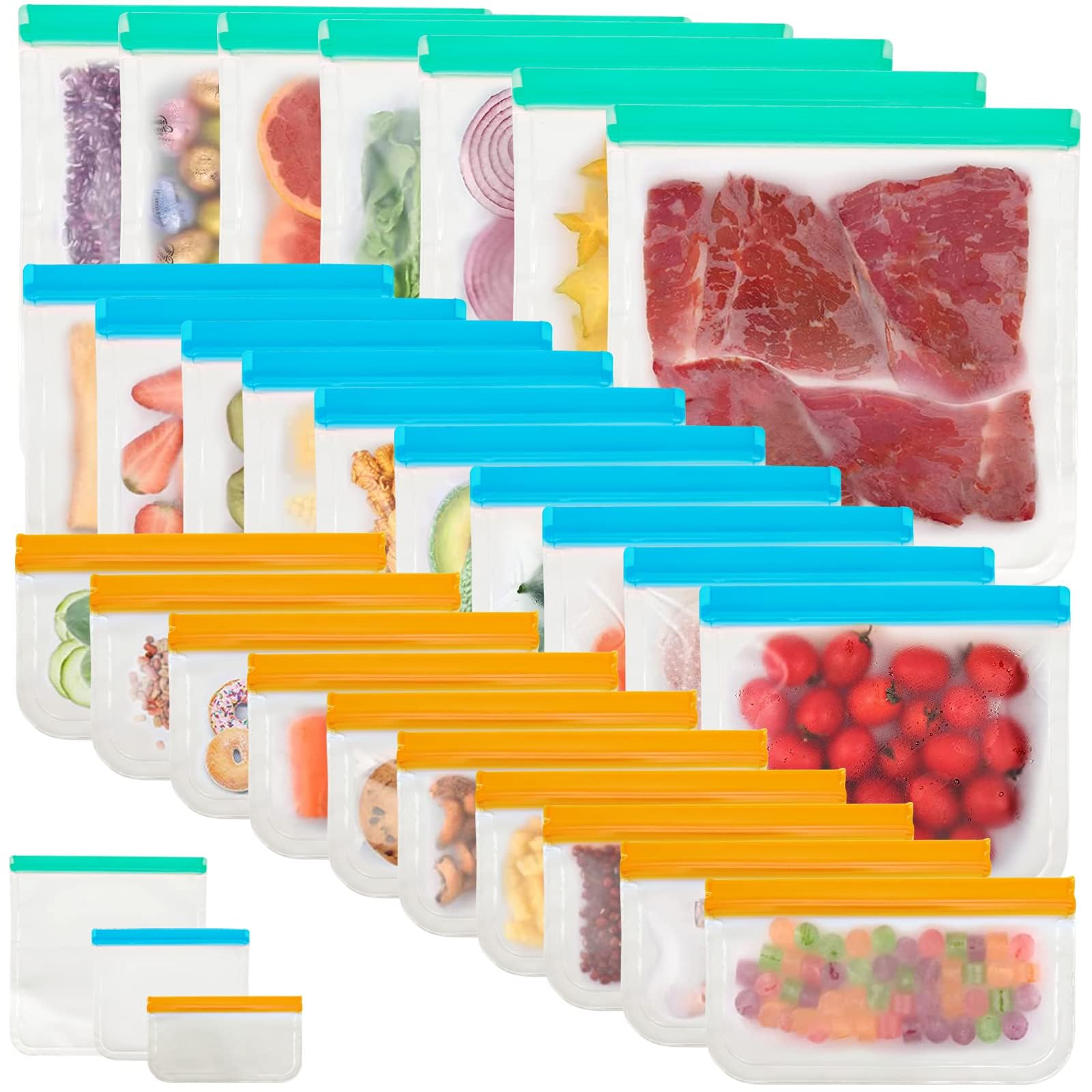 27 Pack Reusable Food Storage Bags BPA FREE,Leakproof Silicone Freezer Bags for Lunch Marinate Food Travel - 7 Gallon 10 Sandwich 10 Snack Bags