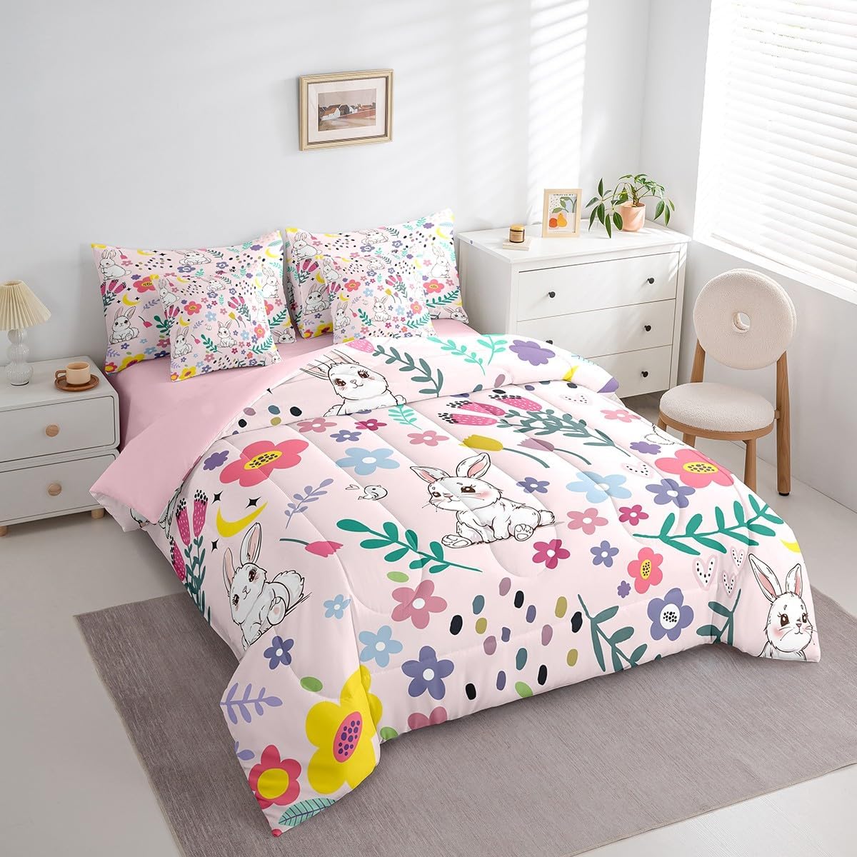 Erosebridal 7 Piece Bed in a Bag Queen Size Comforter Set Floral Rabbit Bedding Set,Cute Bunny Animal Flower Reversible Design,Soft Microfiber Comforter with Sheet Set,All Season(Pink,Queen)