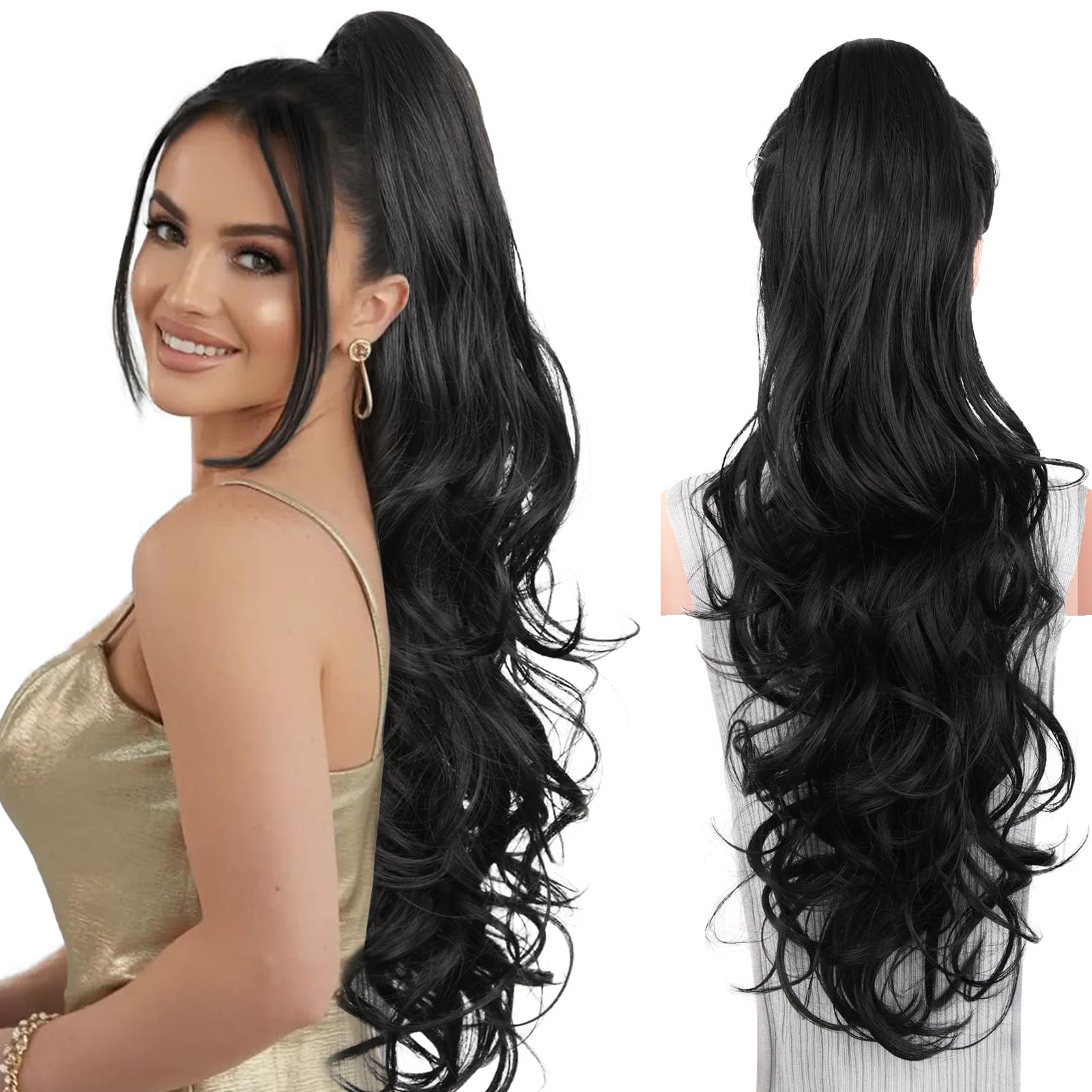 View 1 of 26 Inch Black Ponytail Extension - Soft Wavy Hair Extensions, Claw Clip Ponytail Extension, Natural Long Hair Extensions Synthetic Hair Pieces for Women (Color: Black)