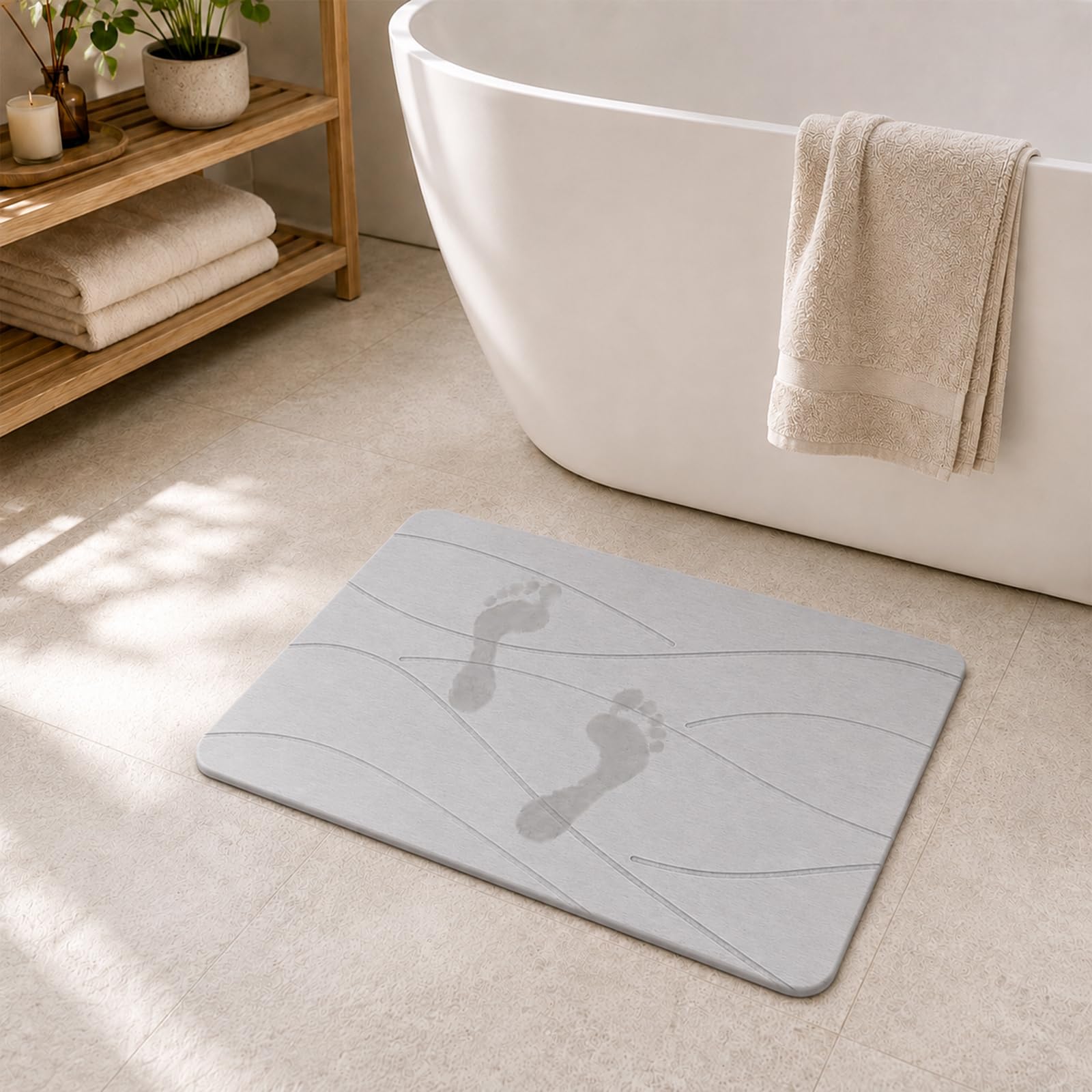 Diatomite Stone Bath Mat, Quick Dry Non-Slip Highly Absorbent Bathroom Floor Mat with Textured Surface, Easy to Clean, Natural Anti-Mould Bath Mat for Shower, Multi-Purpose Use (light grey)
