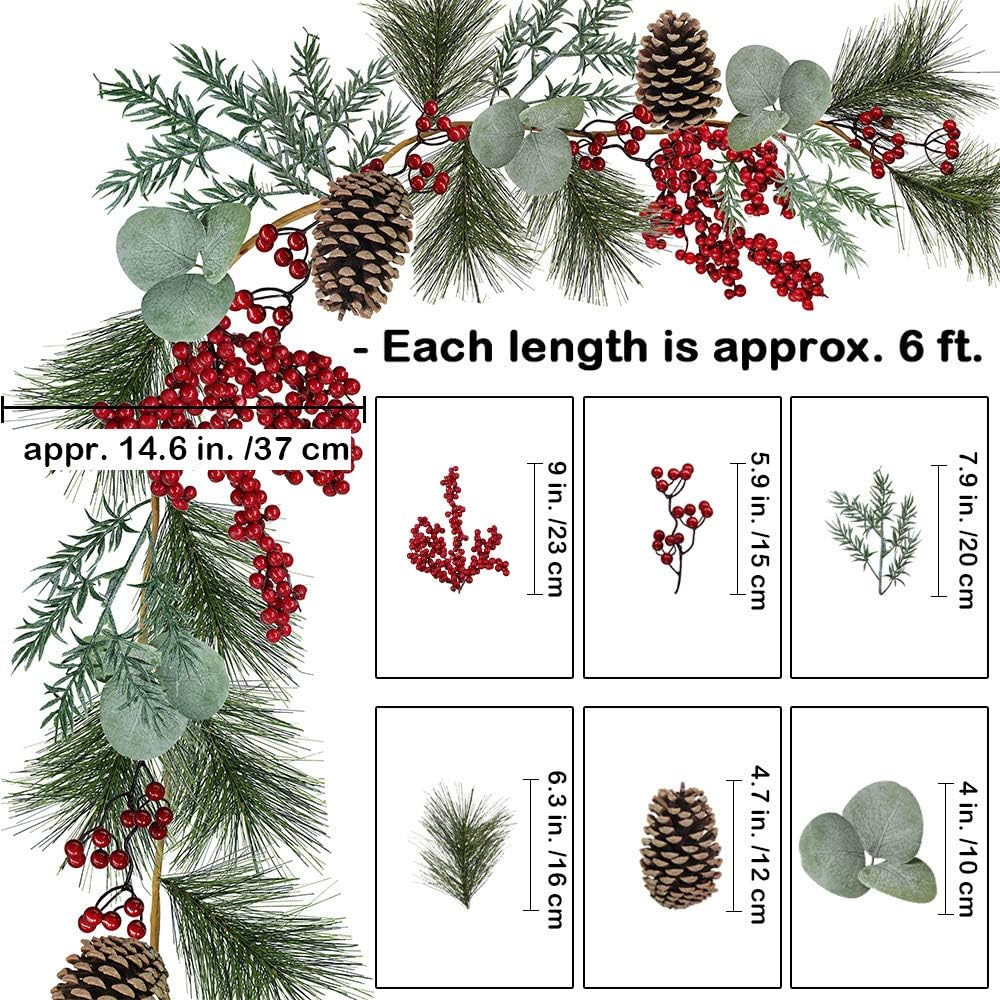 6' Long Christmas Artificial Pine Needle Garland Wired Rustic Twig Vine Birch with Assorted Faux Red Berries Eucalyptus Leaves Natural Pine Cones Fir Sprigs Holiday Season Winter Decor - Image 2