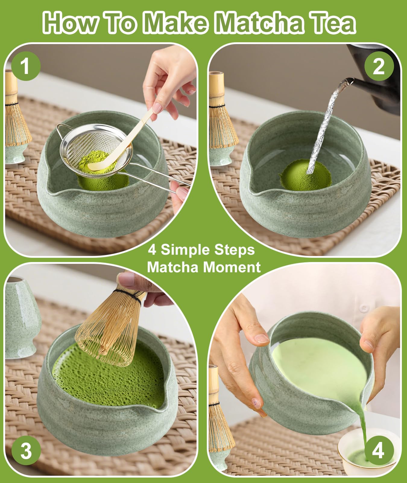JBER Matcha Kit 7 Piezas - Kit Té Matcha de Ceremonia Japonesa con Tazón con Pico, Batidor de Bambú Chasen y Accesorios Completos, el Juego de Matcha Perfecto para Amantes del Té Matcha, Verde Matcha