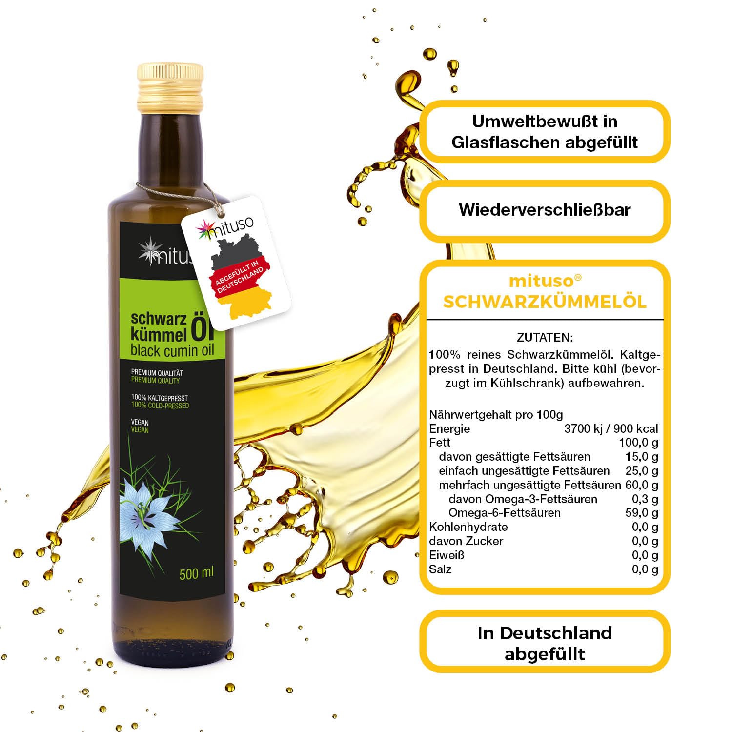 Huile de cumin noir mituso, 100% pur et pressé à froid, 1 paquet (2 x 500 ml)