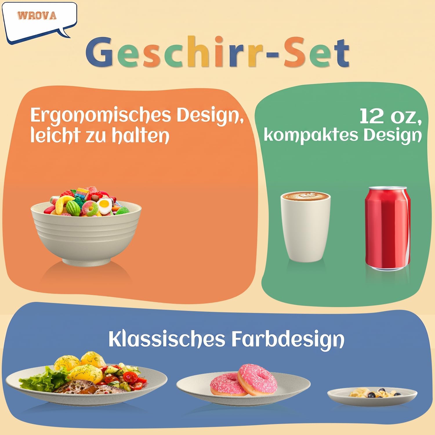 Wrova Set di stoviglie da 40 pezzi, piatti e ciotole, infrangibili, per 8 persone, lavabili in lavastoviglie e adatte al microonde, stoviglie per picnic, compleanni, campeggio, beige