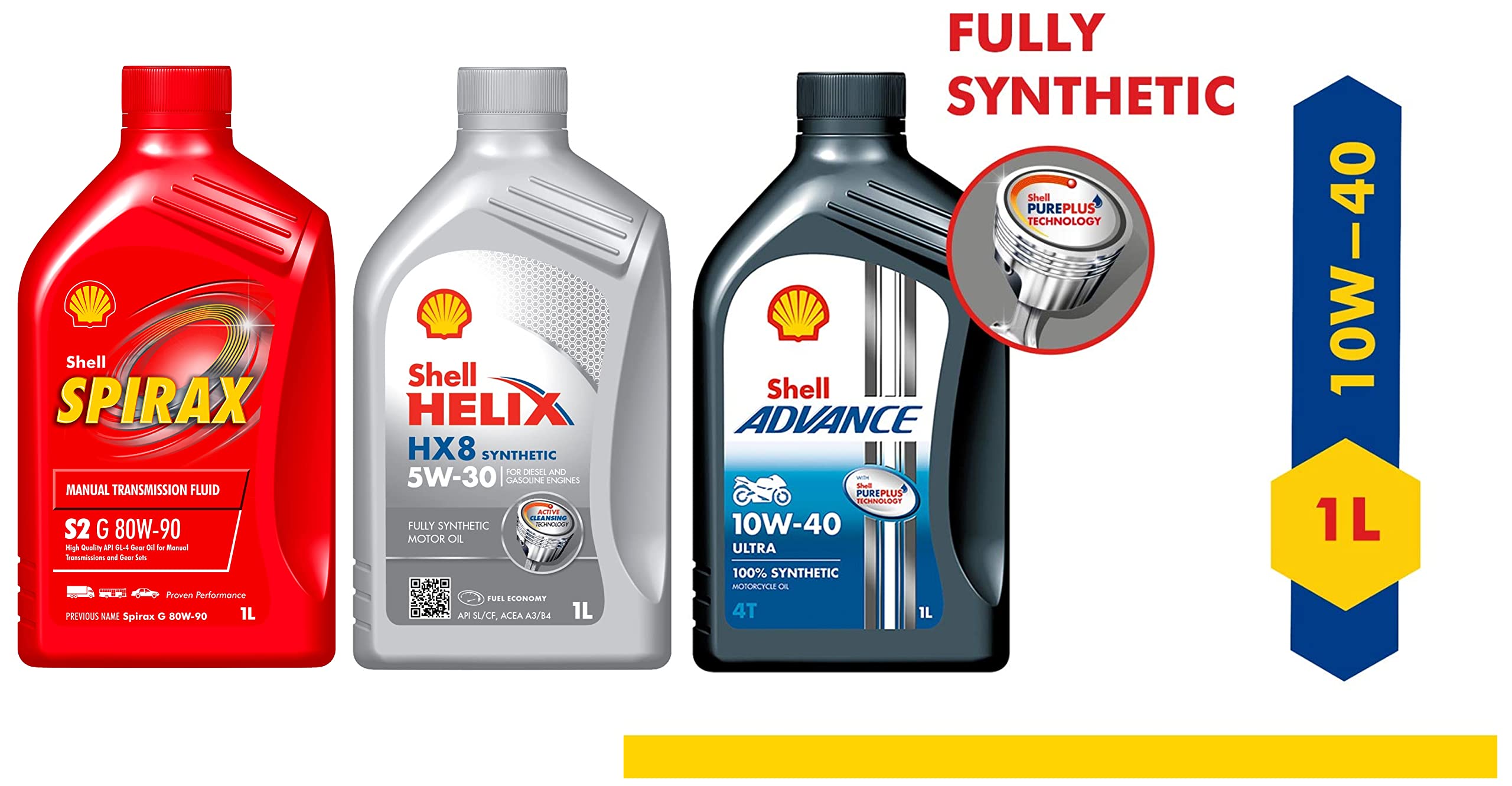 Shell Advance Ultra 4T 10W-40 API SN Fully Synthetic Engine Oil (1 L) & Shell Spirax S2 G 80W-90 API GL-4 Gear Oil (1 L) & Shell Helix HX8 5W-30 API SN Plus Fully Synthetic Engine Oil (1 L)