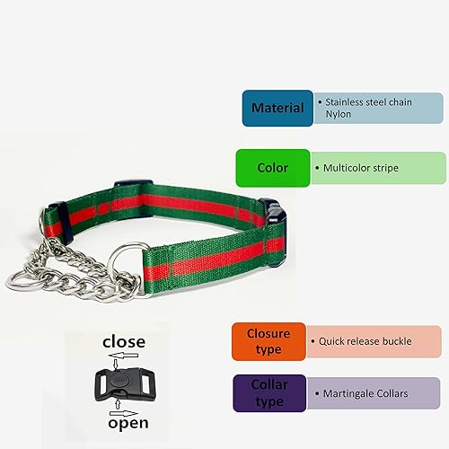 Miniatura 3 de Collar Martingale para perros, collares de nailon ajustables con hebilla de liberación rápida, rayas multicolores, cadena de acero inoxidable,