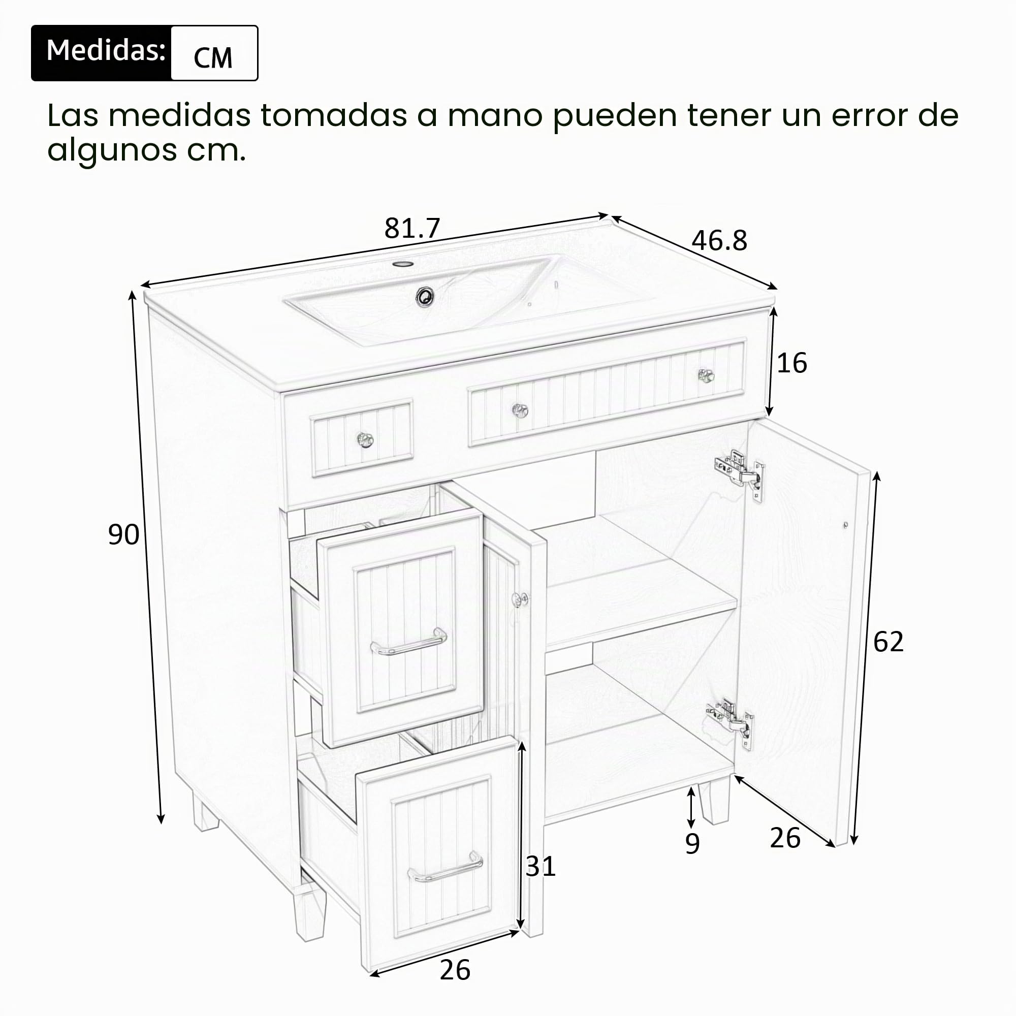 Armario de baño con lavabo, 81,7 cm, armario de baño de pie con tocador de cerámica, superficie lacada, espacio de almacenamiento multifuncional y patas de madera maciza en diseño moderno de