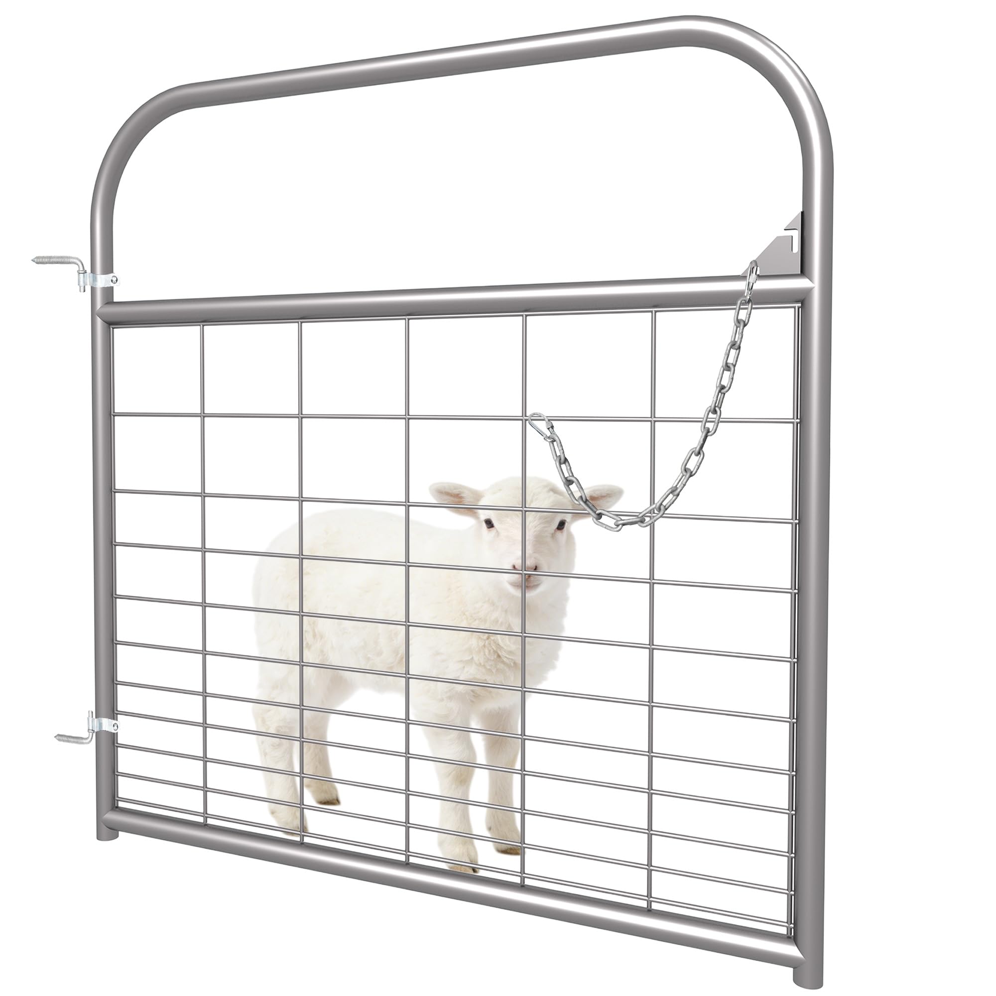 Condition photo showing New/Like New for silver wire filled gate 4 ft (w) x 50 in (h), heavy-duty steel livestock gate with chain latch, animal-safe utility fence farm gate for goats, sheep & hogs