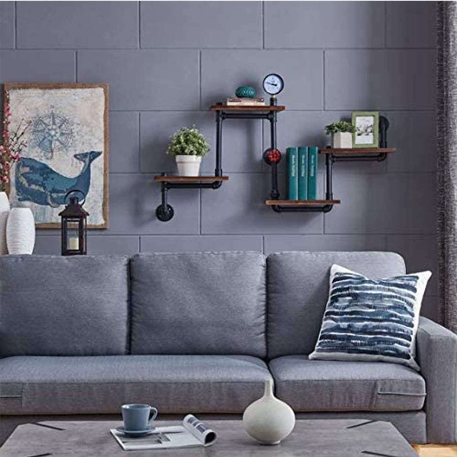 Estantes flotantes rústicos Estante almacenamiento montado en la pared, bastidores decorativos tuberías industriales, para dormitorio, sala de estar, cocina, pasillo, oficina, unidad almacenamiento