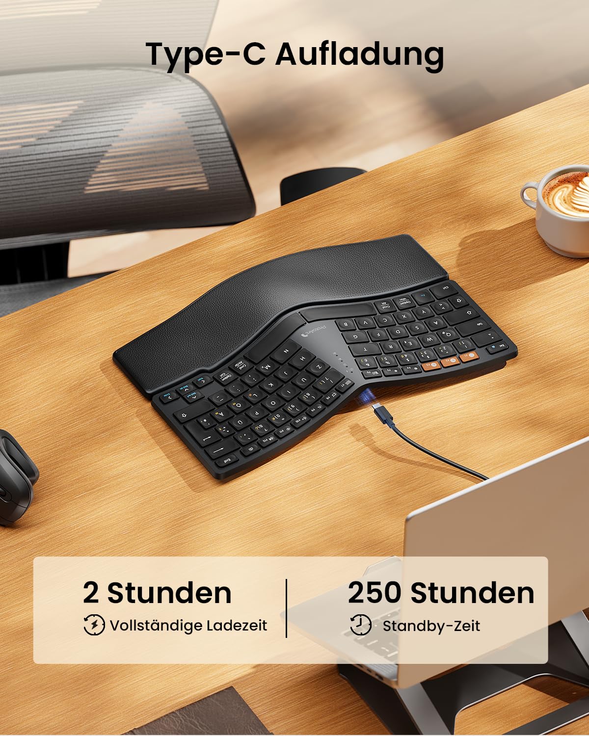 ProtoArc Ergonomiczna klawiatura Bluetooth, EK04 mini bezprzewodowa klawiatura Ergo, kompaktowa z podpórką pod nadgarstek, dzielona konstrukcja, naturalne uczucie pisania, Bluetooth i USB, możliwość