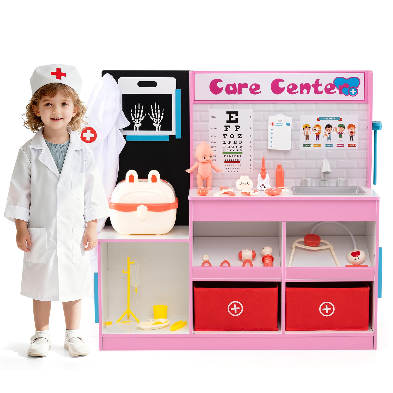 COSTWAY Set Gioco Dottore per Bambini, Gioco di Ruolo Medico in Legno con Stetoscopio, Radiografie, Monitor ECG, Tabella Oculistica e 29 Accessori, Medico Giocattolo per Bambini 3+ Anni (Rosa)
