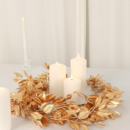 Miniatura 4 de Tableclothsfactory Guirnalda de mesa de hojas de magnolia dorada metálica de 6 pies, corona de vid colgante para manualidades