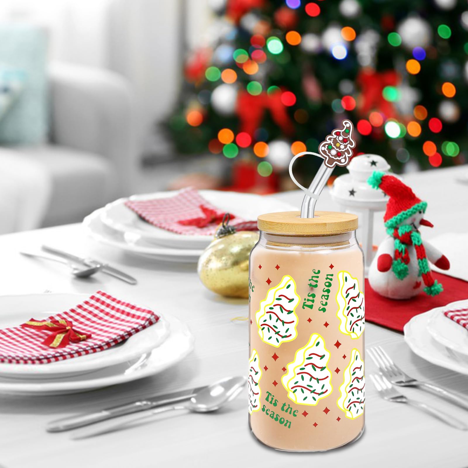 Weihnachtsgläser, 500ml Gläser Weihnachten, Glasbecher mit Deckel und Strohhalm, Weihnachtsglas, Trinkglas Weihnachten mit Glas Strohhalm, Trinkgläser Weihnachtens, Geeignet für Kaffee, Getränke, Saft Küche, Haushalt & Wohnen