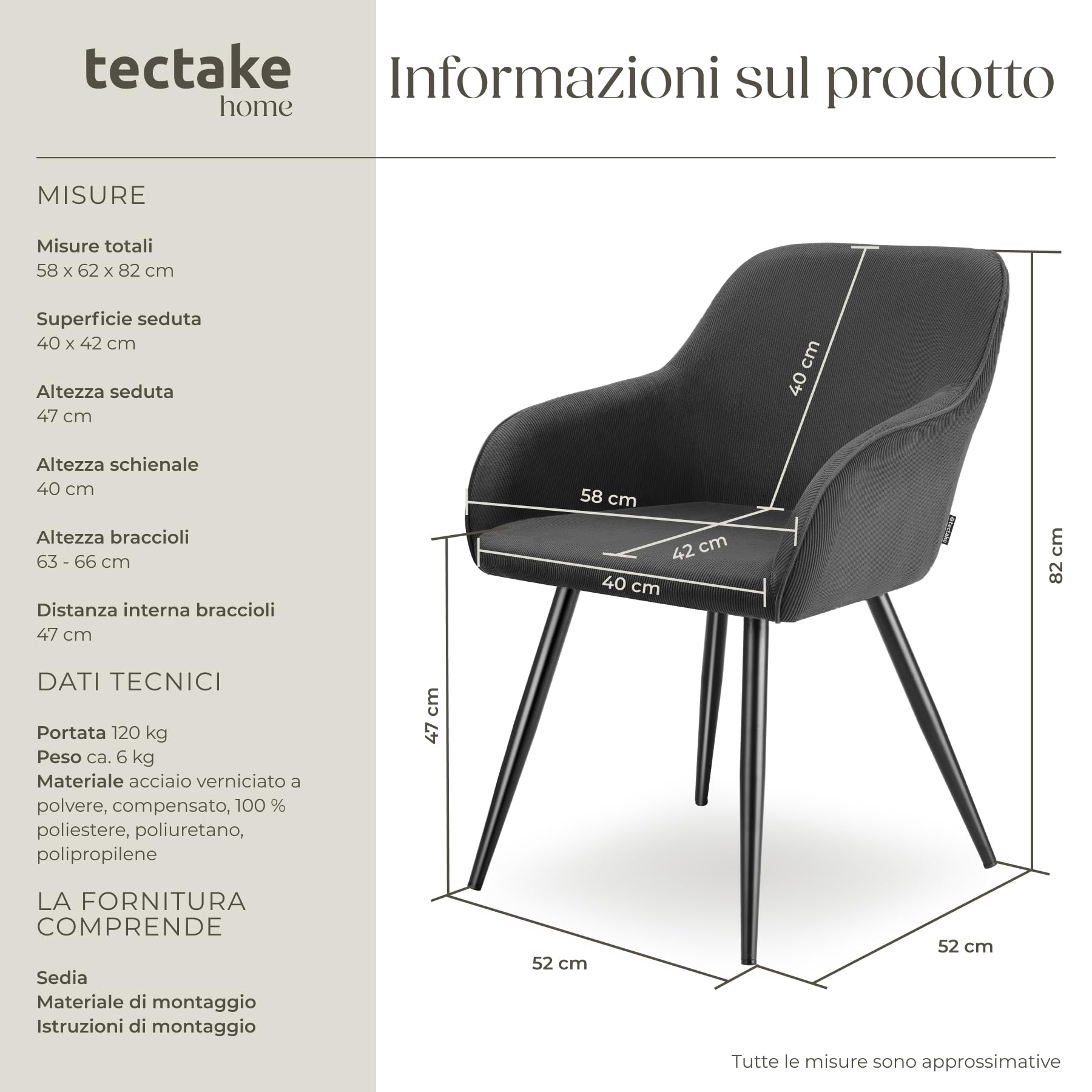 tectake® Sedia Velluto a Coste con Braccioli, Sedia Sala da Pranzo con Gambe in Acciaio, Comoda Poltrona Salotto con Imbottitura Schiuma ad Alta Densità, Poltrona Antiscivolo - Antracite/Nero