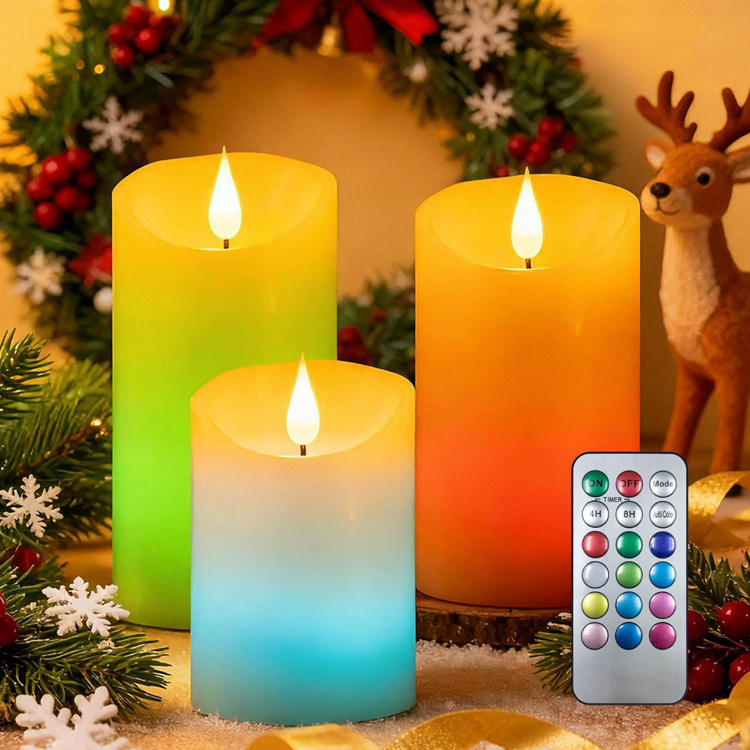 12-Color Changing Flameless Candles, Battery Operated LED Candle with Remote, Timer, Warm Glow, Dimmable, Long Last Lighting for Halloween Decor, Home Daily Decor, Set of 3 (D3xH456)