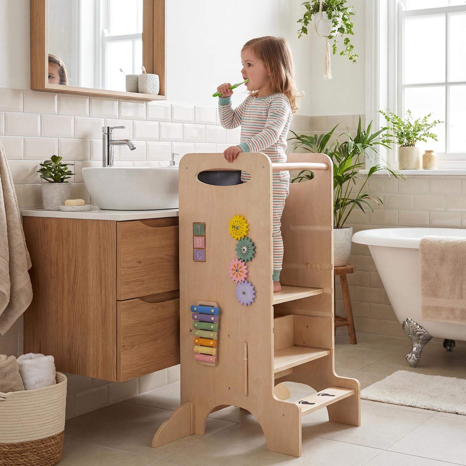 COSTWAY 4 in 1 Lernturm mit Spieltablett, Tritthocker Montessori mit 3 verstellbaren Höhen & Abnehmbarer Tafel, Trittleiter aus Buchenholz, Trittschemel für Kinder ab 3 Jahren