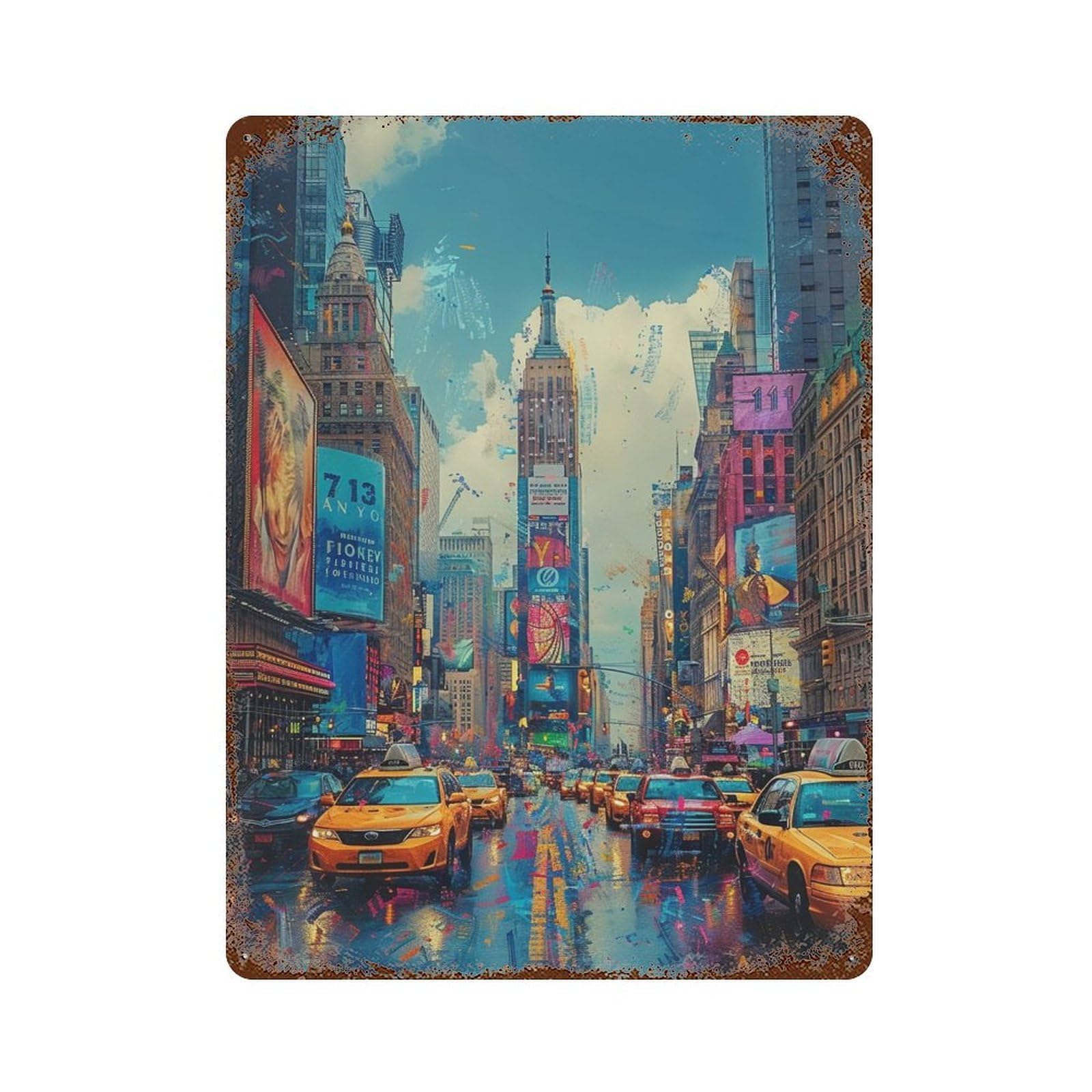 Rainy Cityscape with Taxi Cabs Vintage Rust Metal Sign 15.7"x11.8", for Garage, Bar And Workshop Decor, Decorative Metal Wall Art