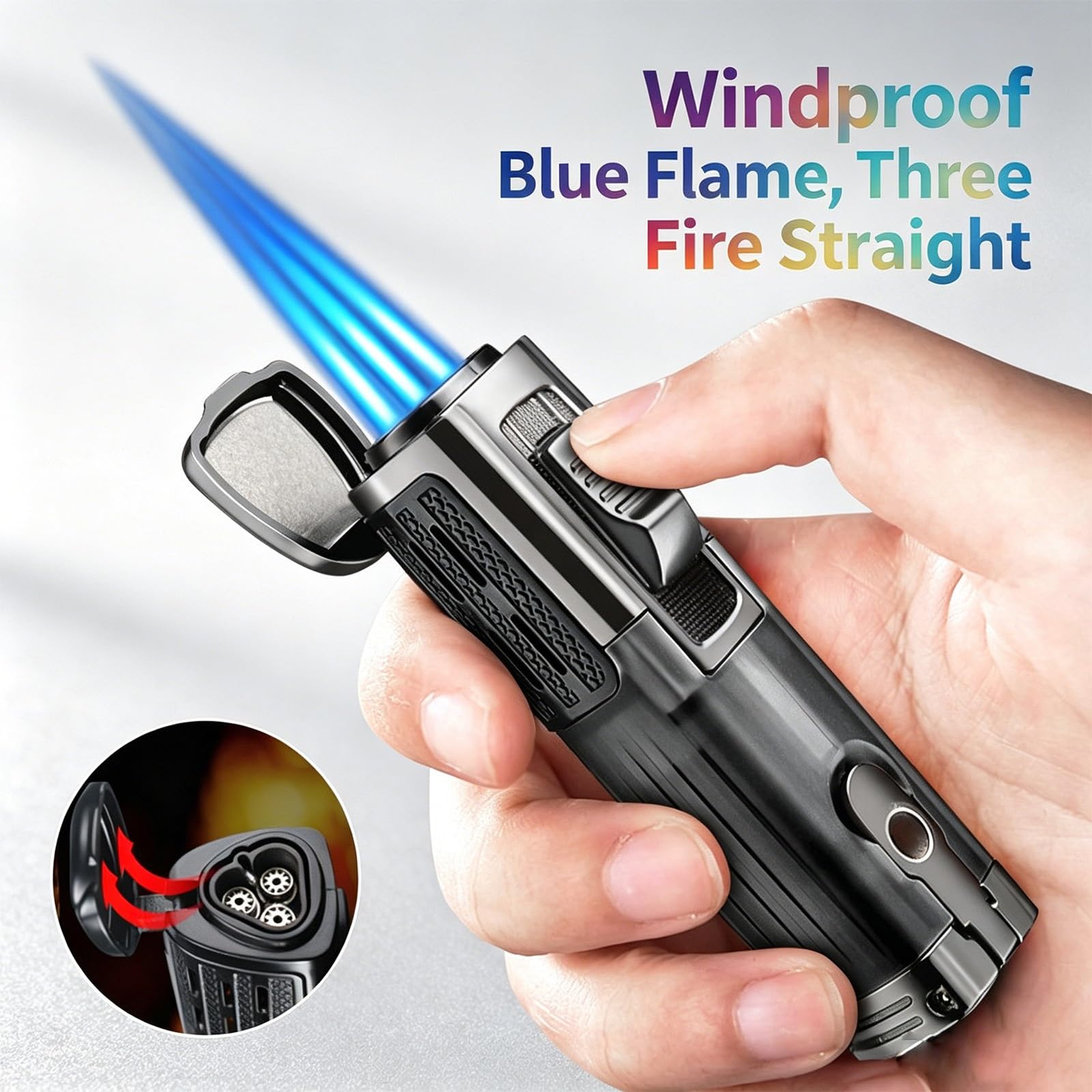 Three-flame torch lighter, large visible fuel tank, adjustable flame size, portable butane windproof lighter, suitable for outdoor picnics and as a gift.