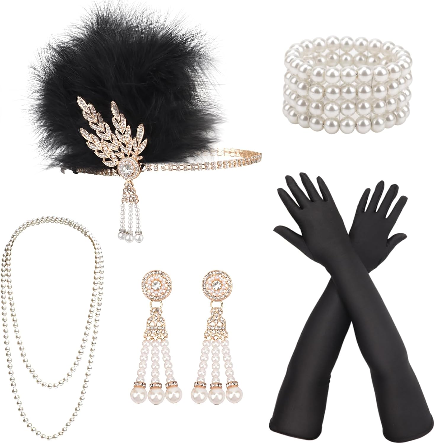 DRESHOW 1920s Great Gatsby Accessories Set for Women Flapper Costume Accessories Feather Headband Roaring 20s Accessories Set