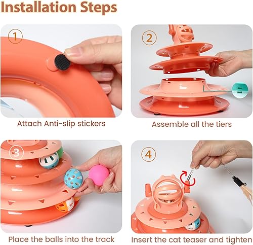 Miniatura 5 de Juguetes para gatitos, juguetes interactivos de rompecabezas para gatos de interior, torre para gatos con 2 juguetes y pista de bolas (naranja)