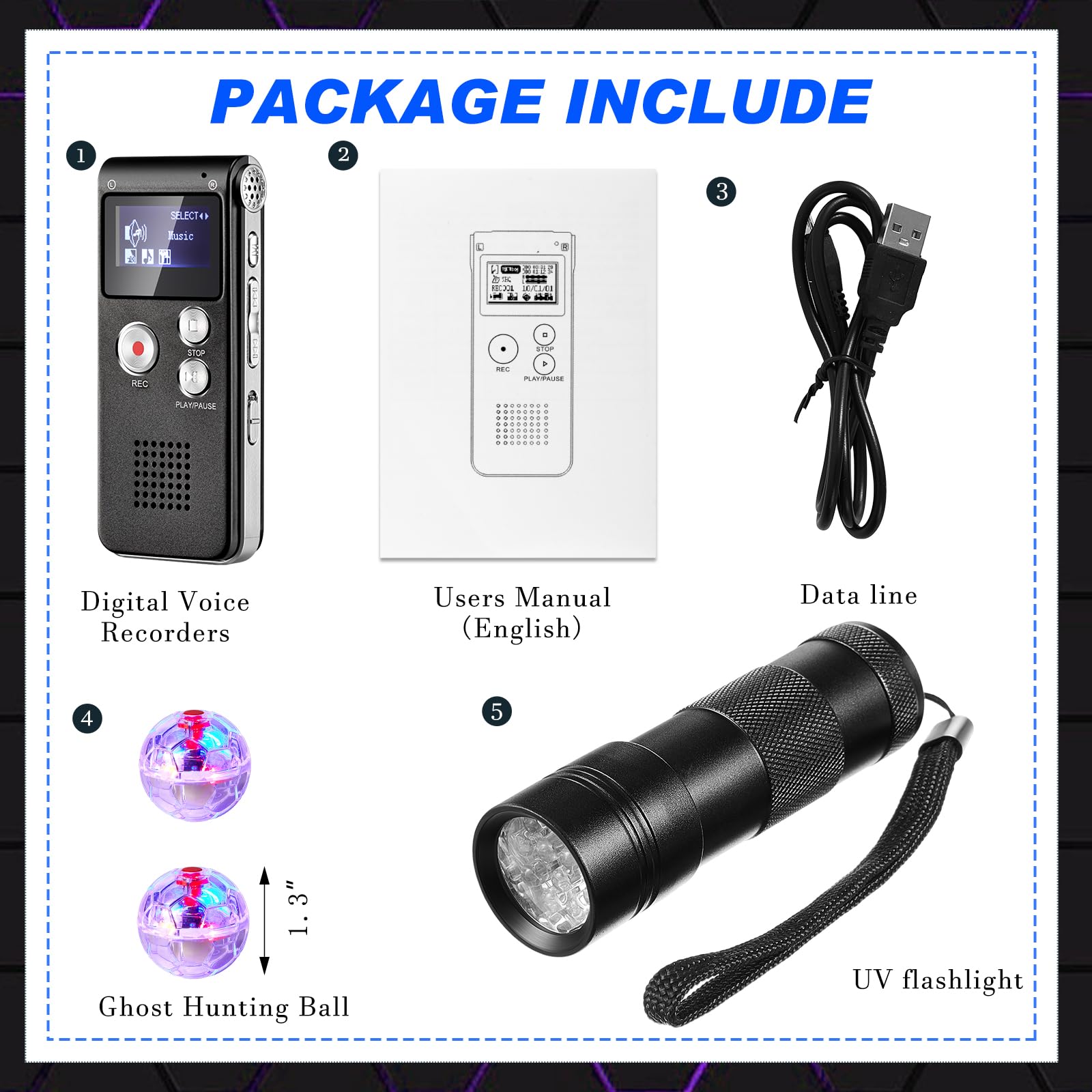 Dunzy Kit di attrezzature da caccia fantasma da 4 pezzi, include 1 registratore vocale digitale tascabile, 2 LED luminosi per animali domestici, 1 torcia UV nera, 8 GB (nero, alla moda)