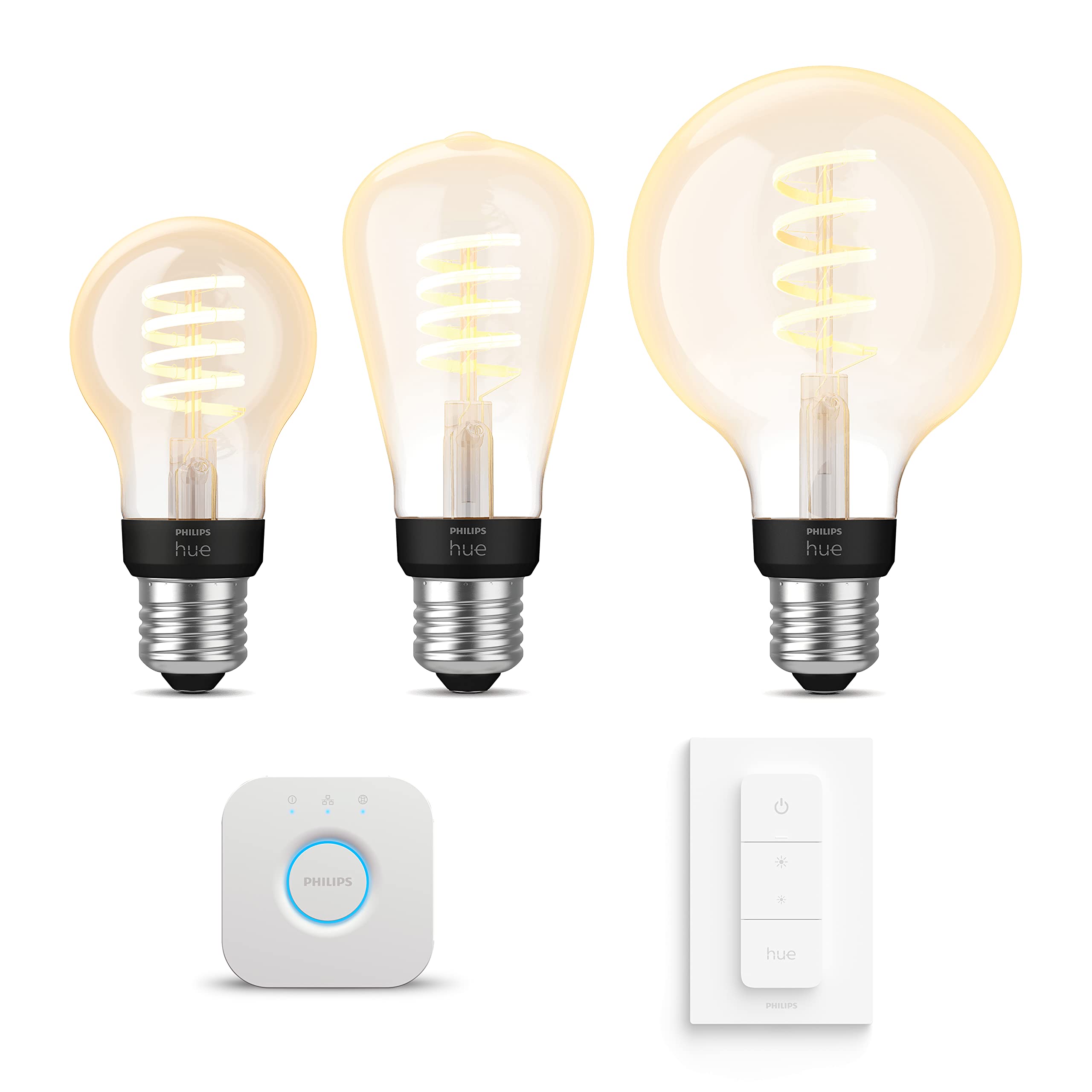Philips Hue Starterpaket - E27 - mit 3 Filament Lampen Mix - Warm bis Kaltweißes Licht - inkl. 1 Hue Bridge, 1 Hue Dimmschalter - Hue White Ambiance Filament