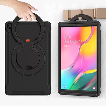 360 Degree Rotating Stand Galaxy Tab A 10.1 2019 Case, Shock-Absorption, Heavy Duty, Handle Included, Android Tablet Galaxy T510/T515 Cover, Fall Prevention, Kids Case, Black