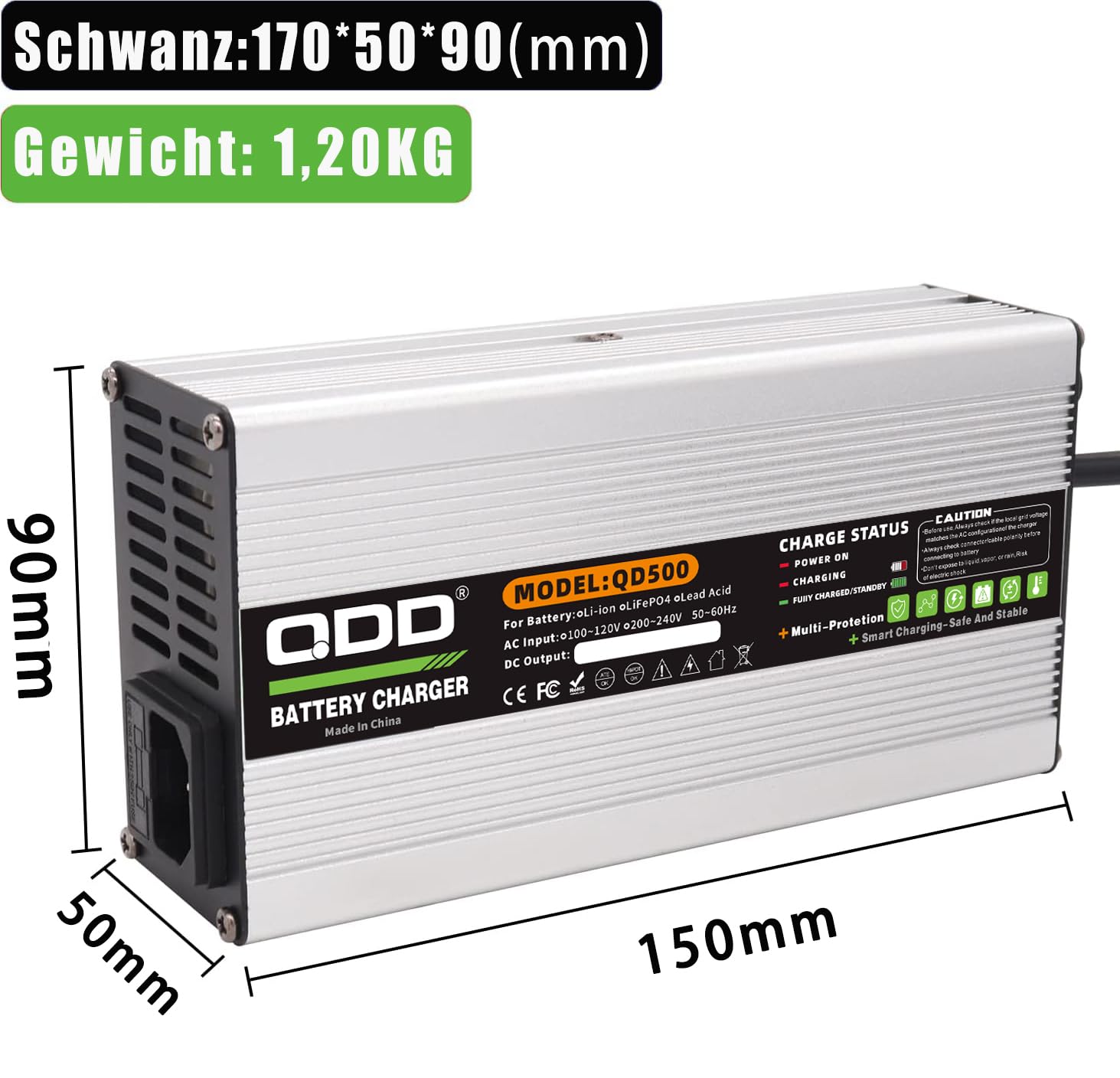 QDD Inteligentna ładowarka do baterii 43,8 V 8 A, srebrne aluminium z wentylatorem do 12S 36 V opakowanie z przyłączem zaciskowym krokodylkowym
