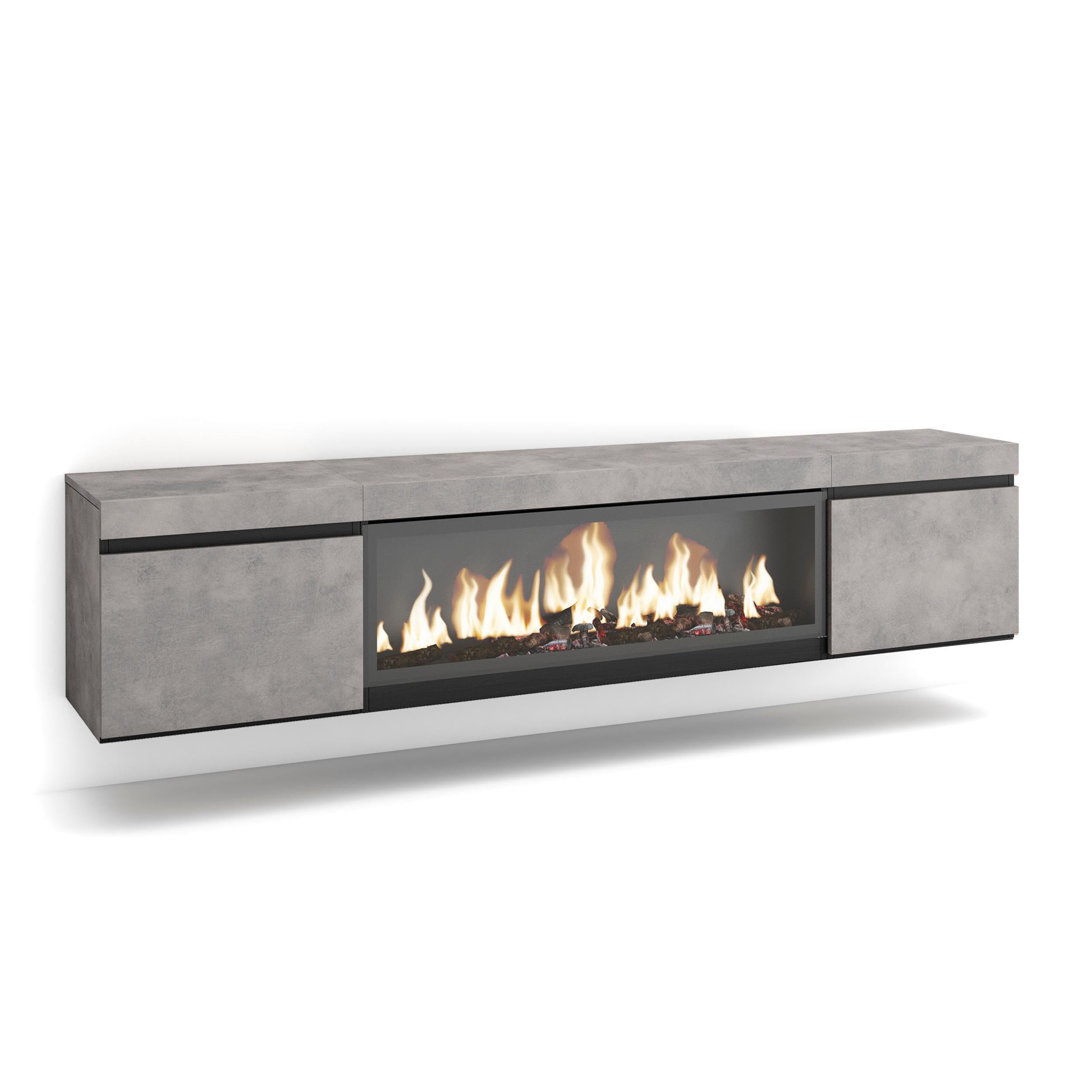Skraut Home | Mueble TV | Televisión | Muebles de salón, almacenaje | 210 | para TV hasta 80" | Chimenea eléctrica XXL | Colgado, Suspendido | Estilo Moderno | Cemento