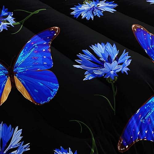 Miniatura 5 de BSNTHO Juego de edredón de mariposa para niñas y niños, juego de ropa de cama floral de margaritas azul real, misterioso edredón de mariposa negro y