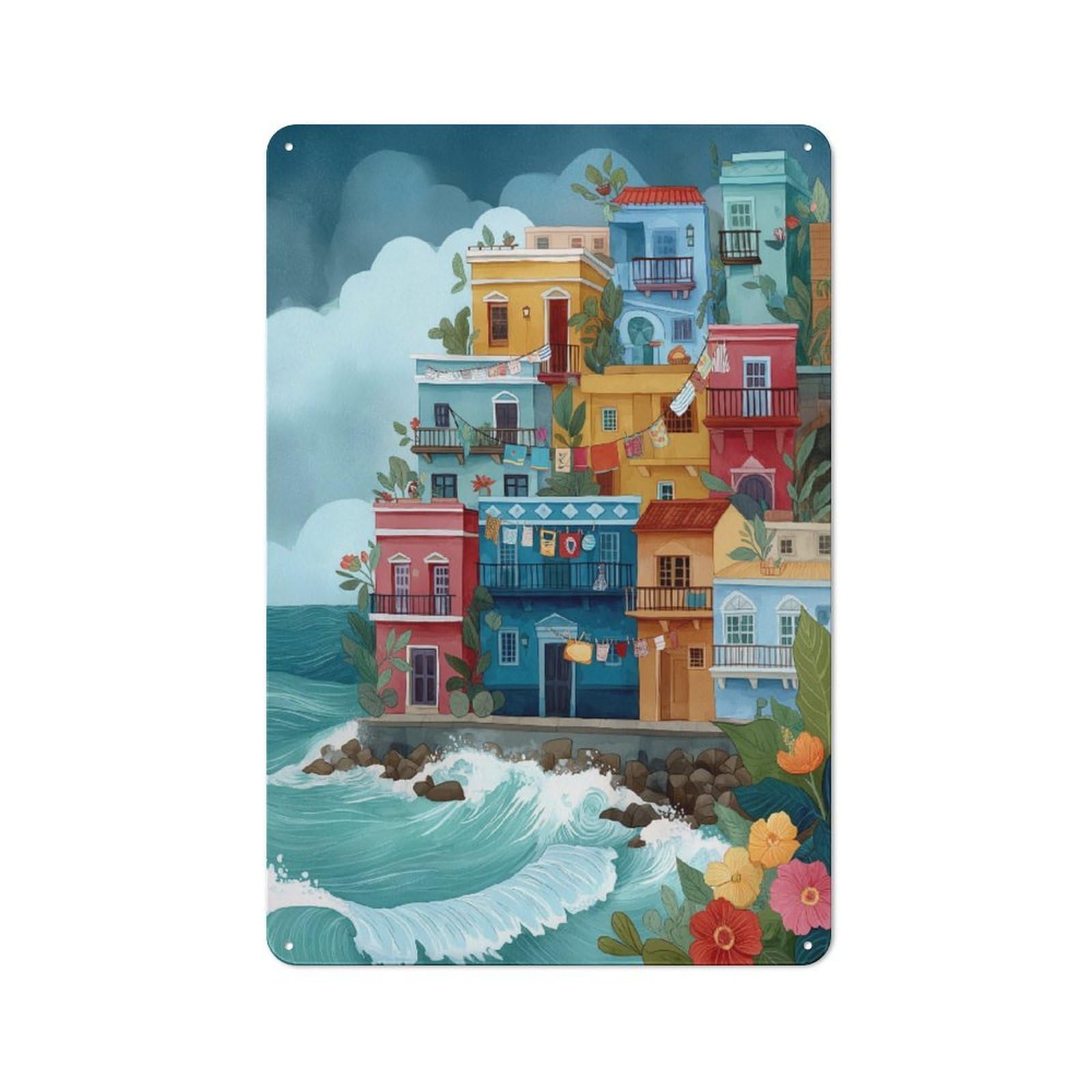 Junmoney Colorful Coastal Village Scene -5 Rustic Tin Sign 30X20cm, Vintage Porch Wall Decor For Conservatory, Home Bar Or Utility Room