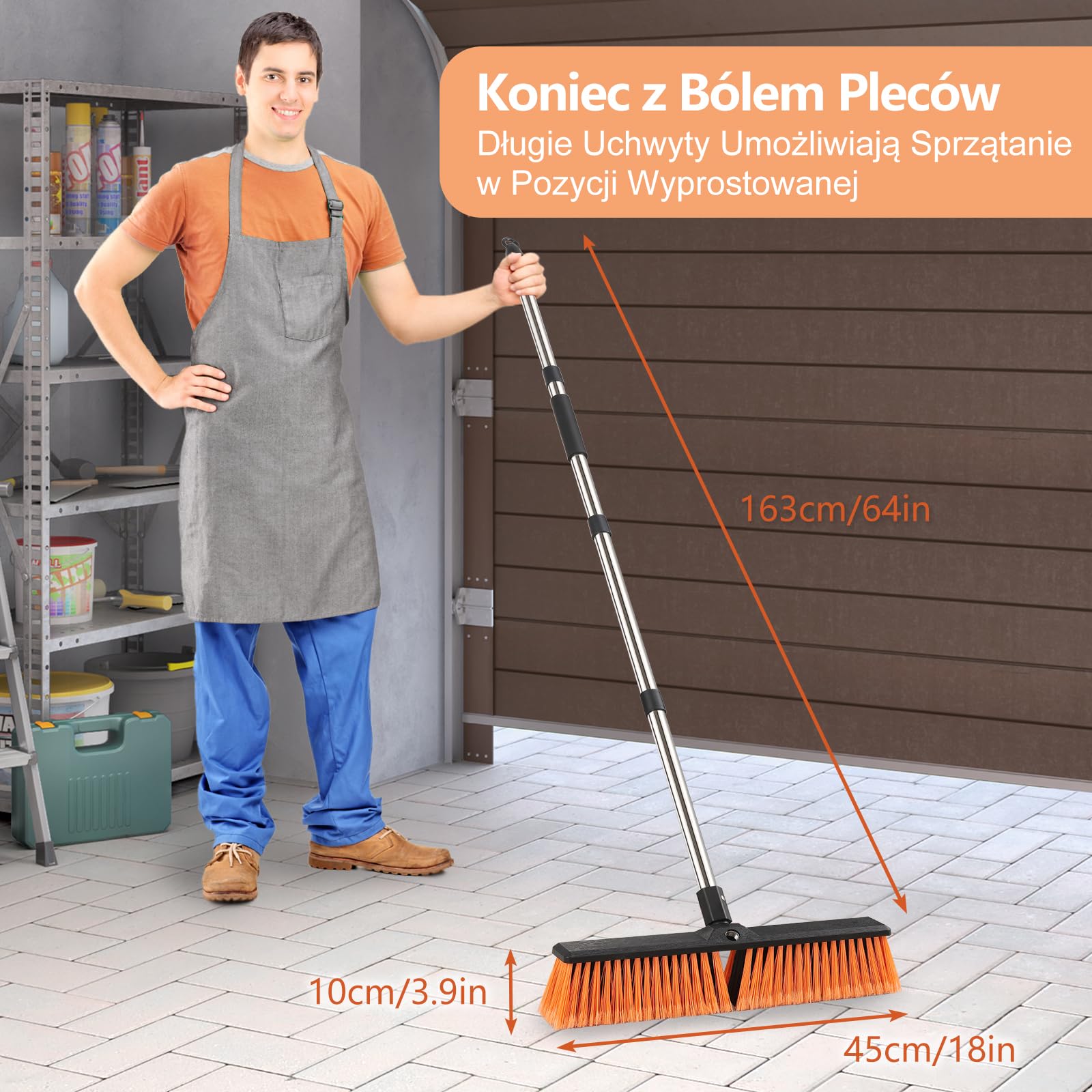 Mitclear 45cm Miotła Ogrodowa Heavy Duty z Długim Uchwytem(163cm), Miotła Pchana na Zewnątrz, Wytrzymała Szczotka ze Sztywnym Włosiem do Tarasów, Ogrodów, Podjazdów, Podwórek, Betonu