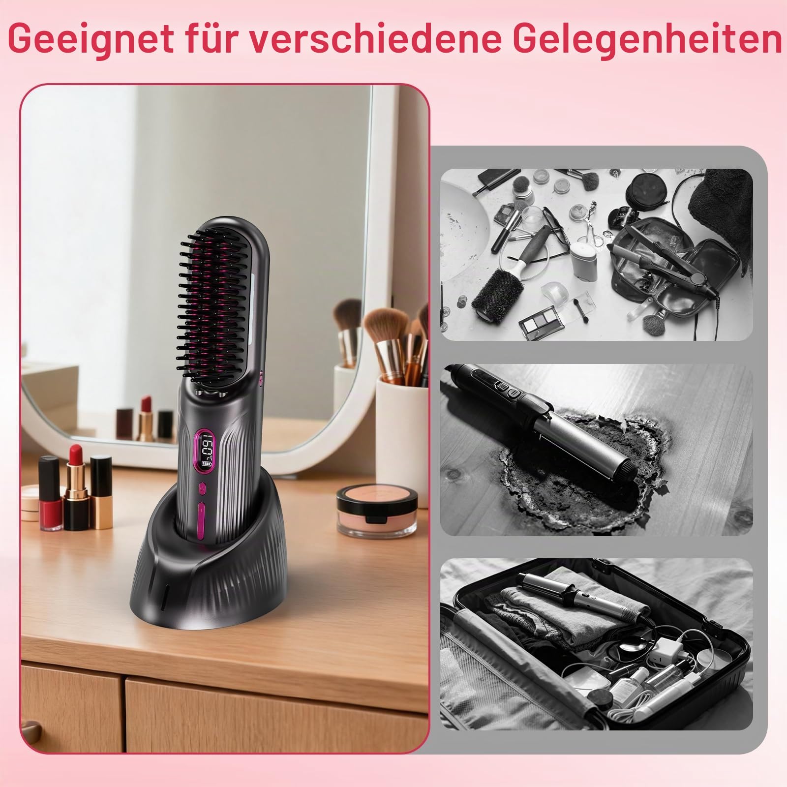 Kabellose Glättungsbürste 9600-mAh-Akku, mit Negativ-Ionen | 12 Temperaturstufen (120–230 °C), Glätteisen USB-Aufladung, Flugmodus, Heizbürste Ideal für Reisen, mit Ladestation