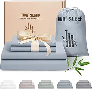 TWK Luxury Sheet Set, Genuine 100% Organic Viscose Derived from Bamboo, Cooling & Breathable, Silky Soft, Bedding Sheets & Pillowcases (Sterling Blue, King)