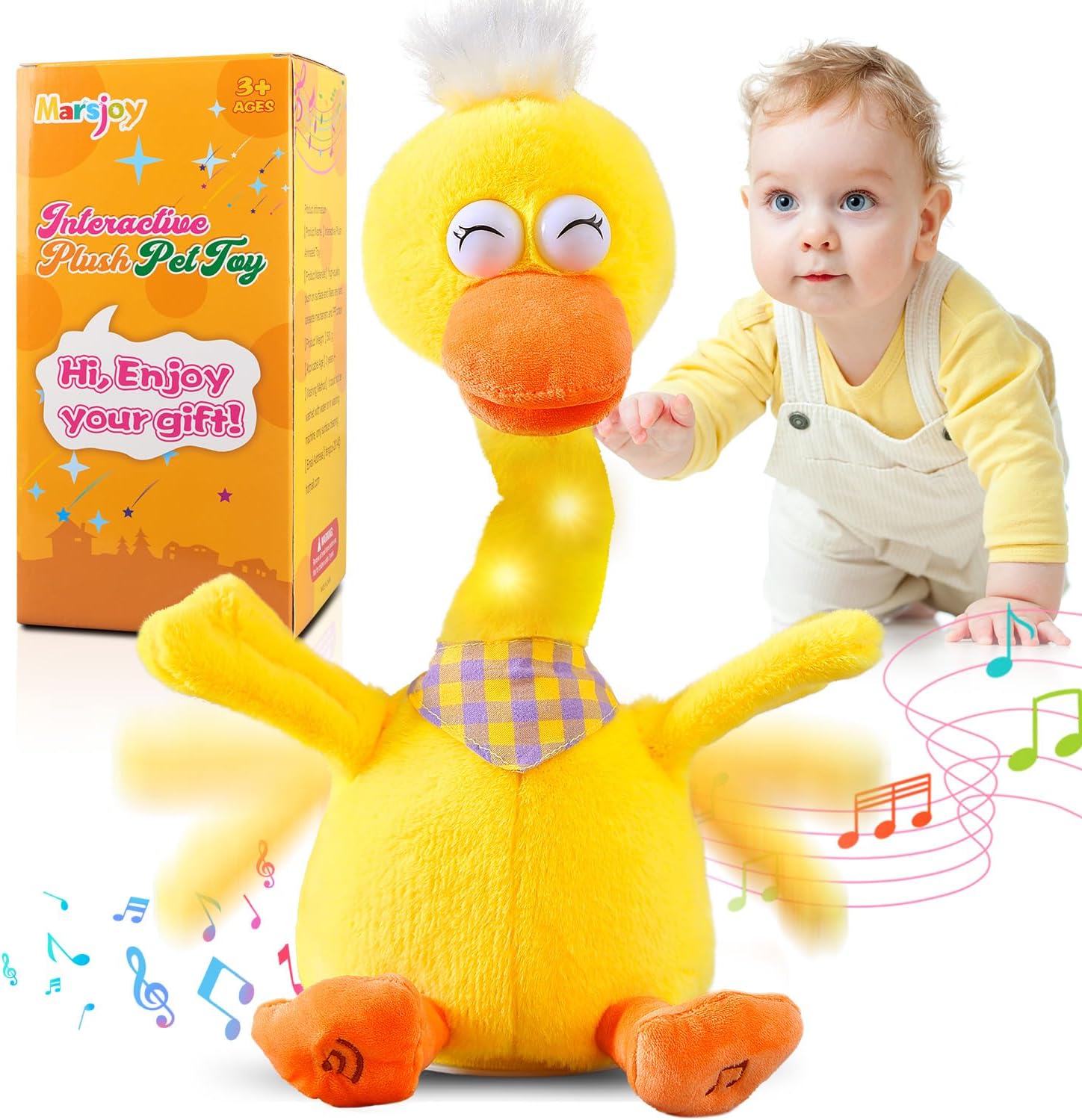 13" Talking Dancing Duck, Repeating What You Say Mimicking Recording Plush Baby Toy Musical English Songs Singing Talking Glowing Animated Twisting Gifts of Lighting Up Funny Toys for Boys Kids