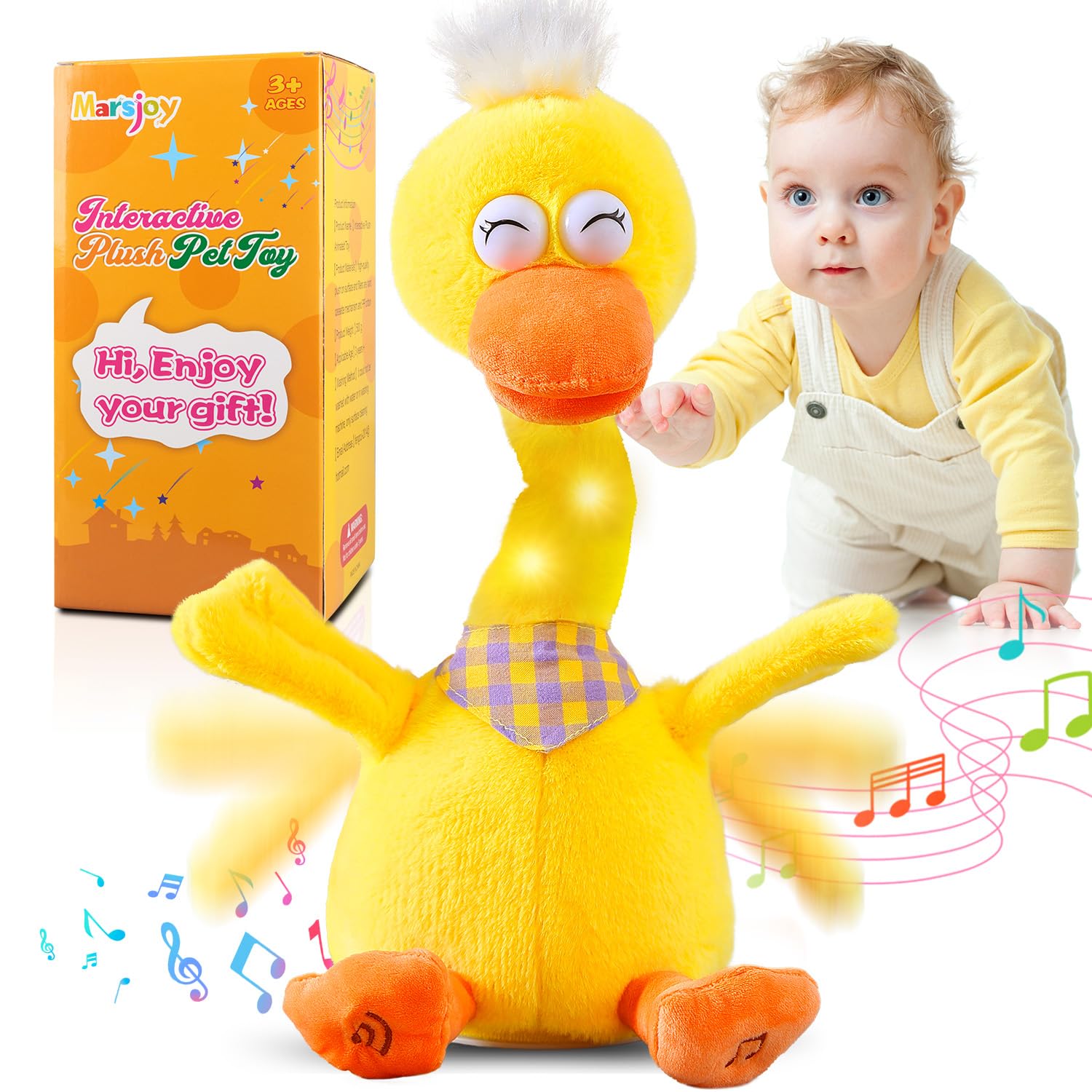 13" Talking Dancing Duck, Repeating What You Say Mimicking Recording Plush Baby Toy Musical English Songs Singing Talking Glowing Animated Twisting Gifts of Lighting Up Funny Toys for Boys Kids