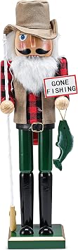 Ornativity Christmas Fisher Man Nutcracker Red and Green Wooden Fisherman Nutcracker Man with Fishing Rod and Fish in Hand Xmas Themed Holiday Nut Cracker Doll Figure Decorations 15"