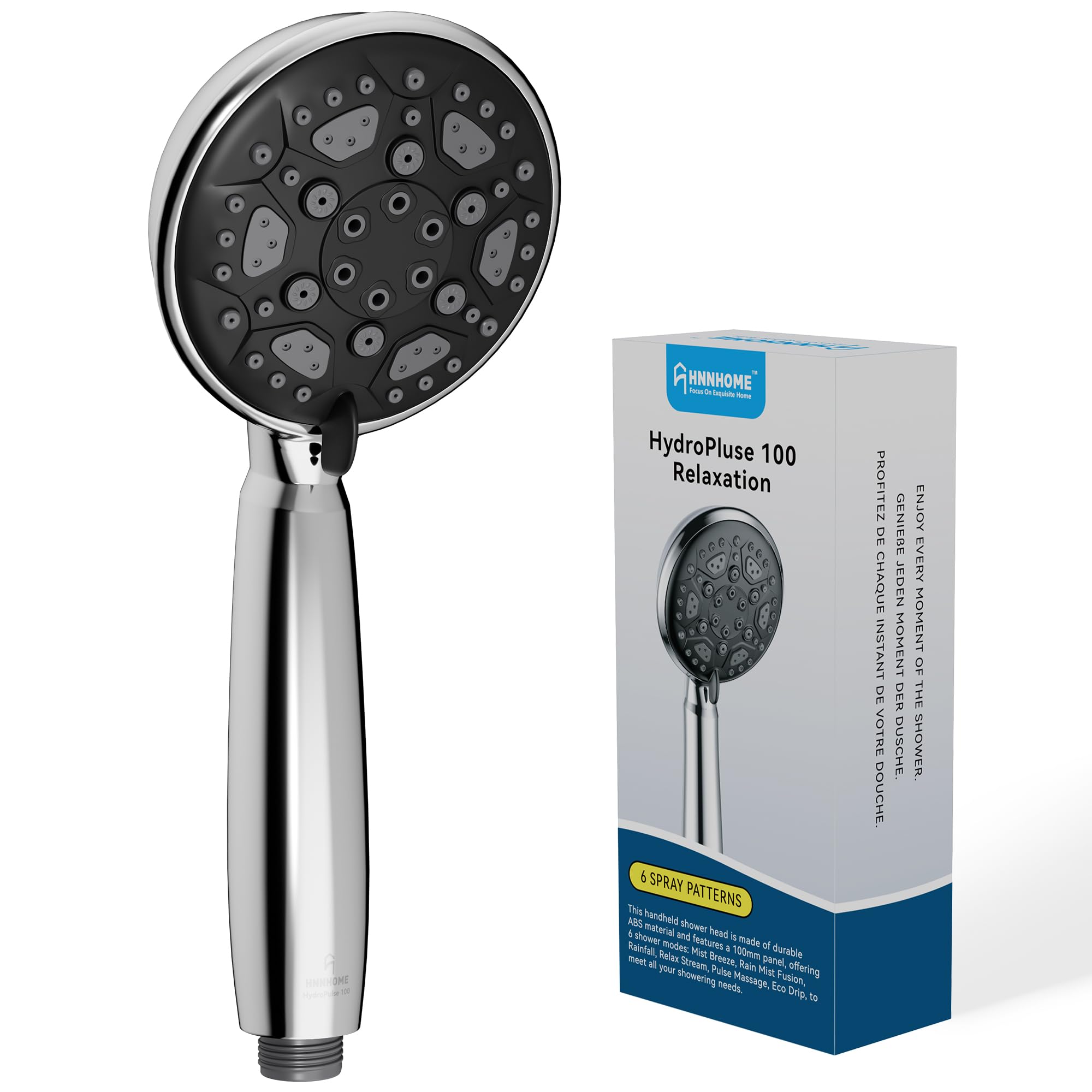 HNNHOME HydroPulse 100mm Handheld High Pressure Shower Head, 6 Spray Mode Universal Power Showerhead Replacement (Matt Black)