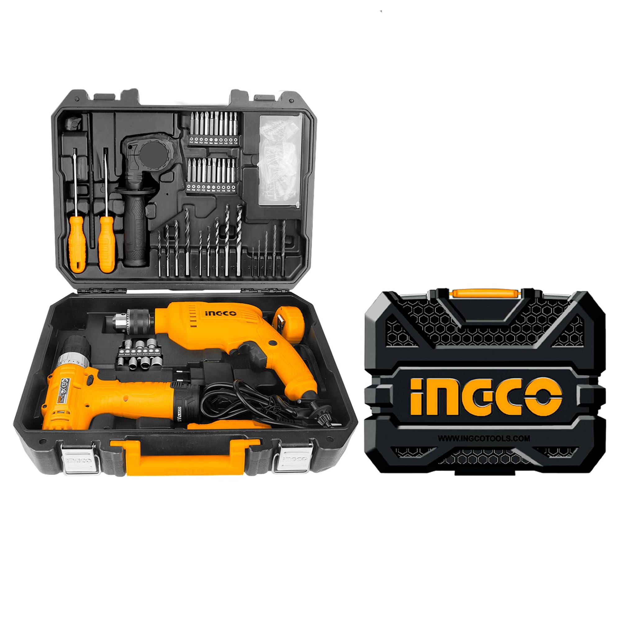 INGCO 108 PCS Professional Tool Kit with Impact Drills Combo, 680W, Copper Armature, Cordless Drill Machine, Chuck 13mm, Home Use Essential Tools/Accessories, With Battery