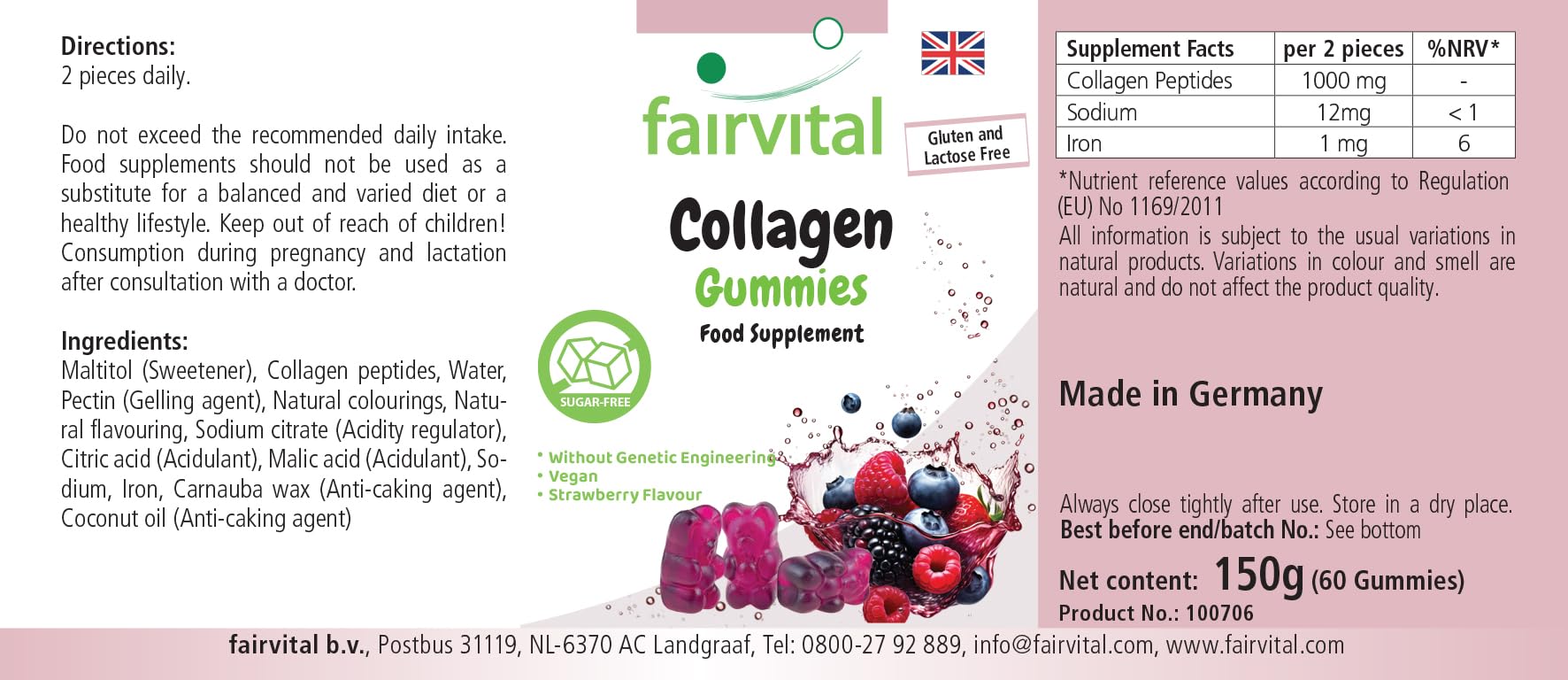 Fairvital | Żelki kolagenowe – 60 sztuk – 1000mg w dziennej dawce – z sodem i żelazem – wysoka dawka – bez cukru – sprawdzona jakość i wysoka dawka – wyprodukowane w Niemczech