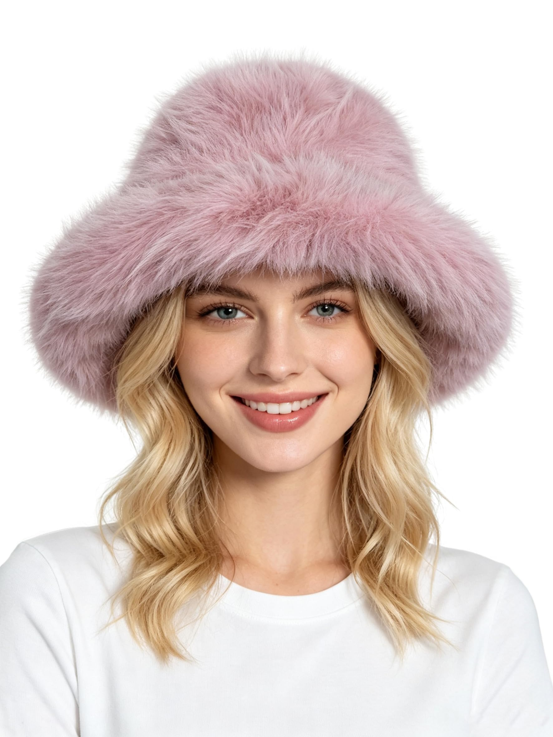 Lina & Lily Grand Chapeau Bob Hiver Femme à Larges Bords en Fausse Fourrure Poils Longs
