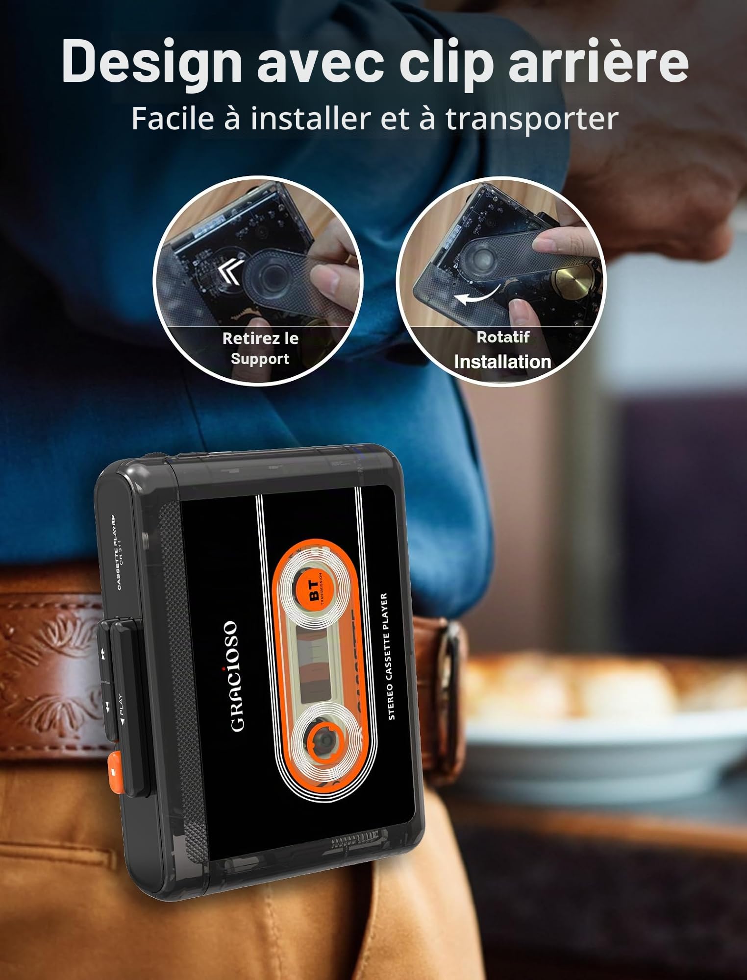 Lecteur cassette Bluetooth avec batterie rechargeable de 1100 mAh, lecteur cassette compact vintage avec écouteur, lecteur microcassette avec clip arrière pour la maison, le parc (Noir)