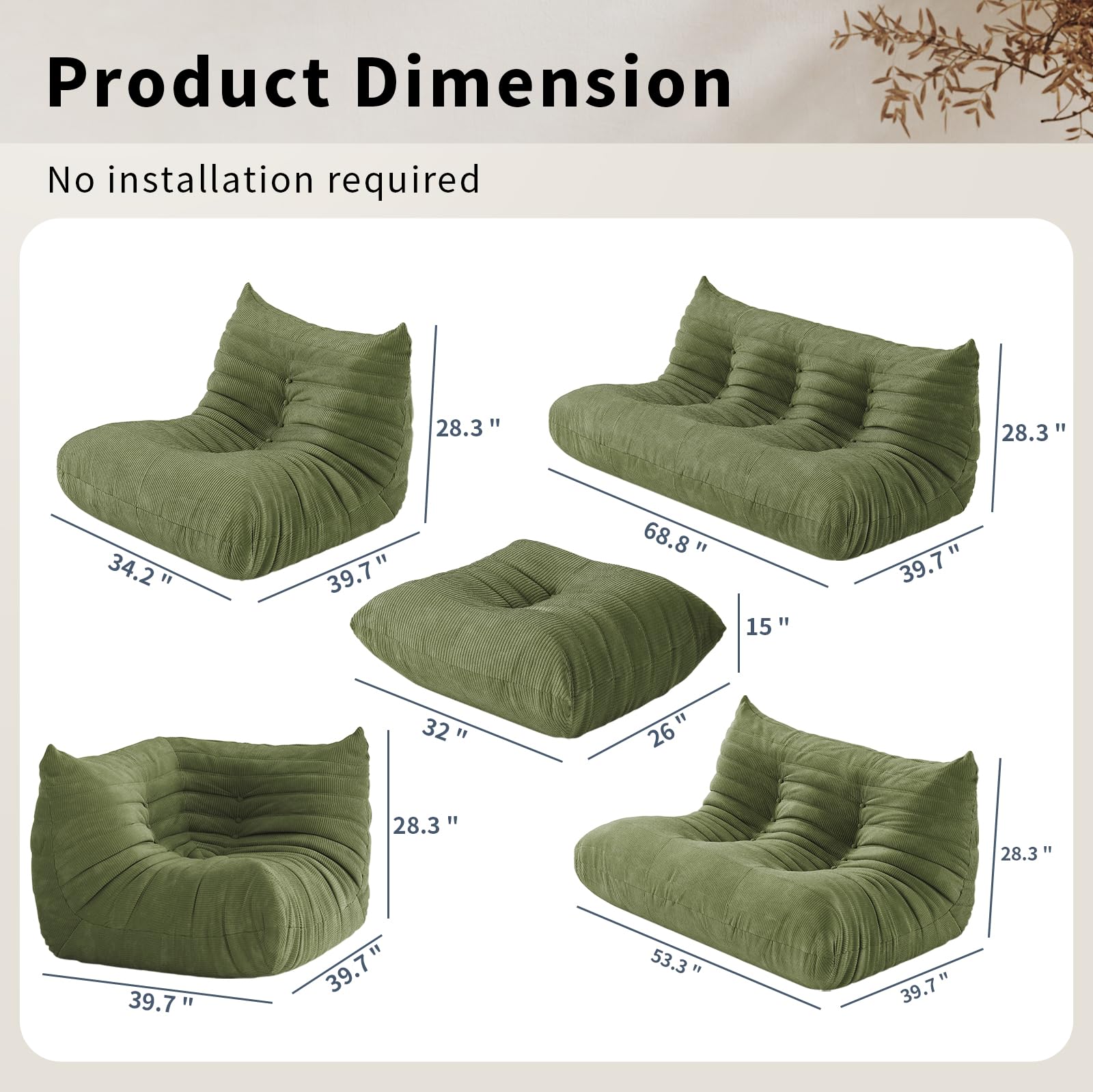 Bean Bag Chair for Adults Fireside Sofa Floor Lazy Couches with Ergonomic Corduroy Cozy Memory Foam Lounger Couch for Dorm, Apartment and Gaming Venue,Olive Green