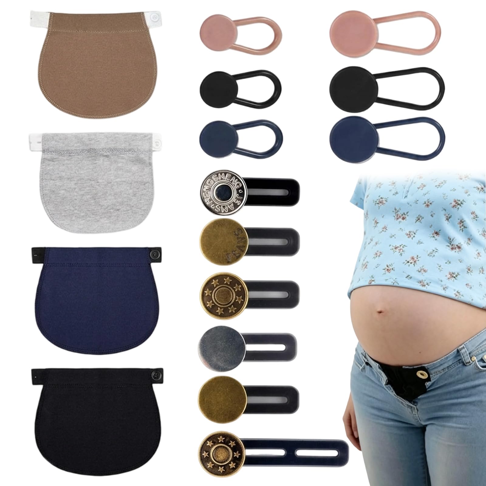 Rndqw 16 PCS Maternity Pants Extender, Durable Waist Extender for Trousers, Add 2-4 In, No Sewing, Elastic Design for Pregnancy & Daily Comfort