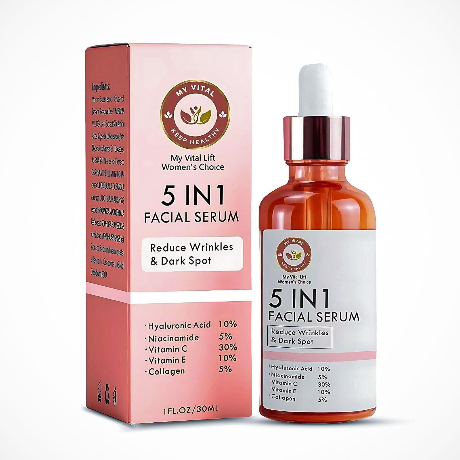 Face Serum 5-in-1 Anti-Aging Solution, Vitamin C, Hyaluronic Acid, and Vitamin E for Dark Spots Even Skin Tone, Fine Lines